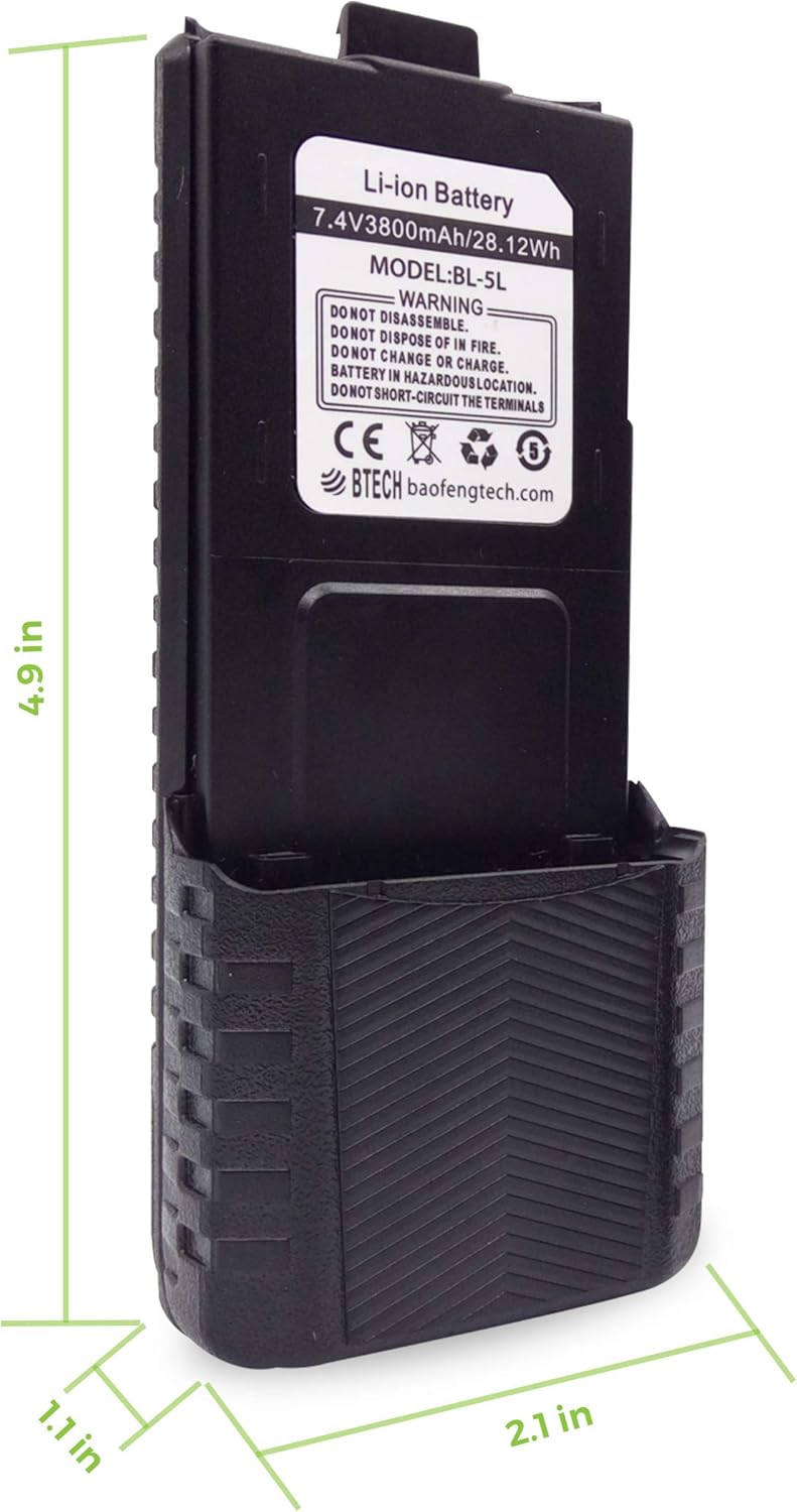 BTECH BL-5L 3800mAh USB-C Charging Li-ion Battery Pack, High Capacity Extended Battery for UV-5X3, BF-F8HP, and BaoFeng UV-5R Series Radios (BL-5 Battery Series)