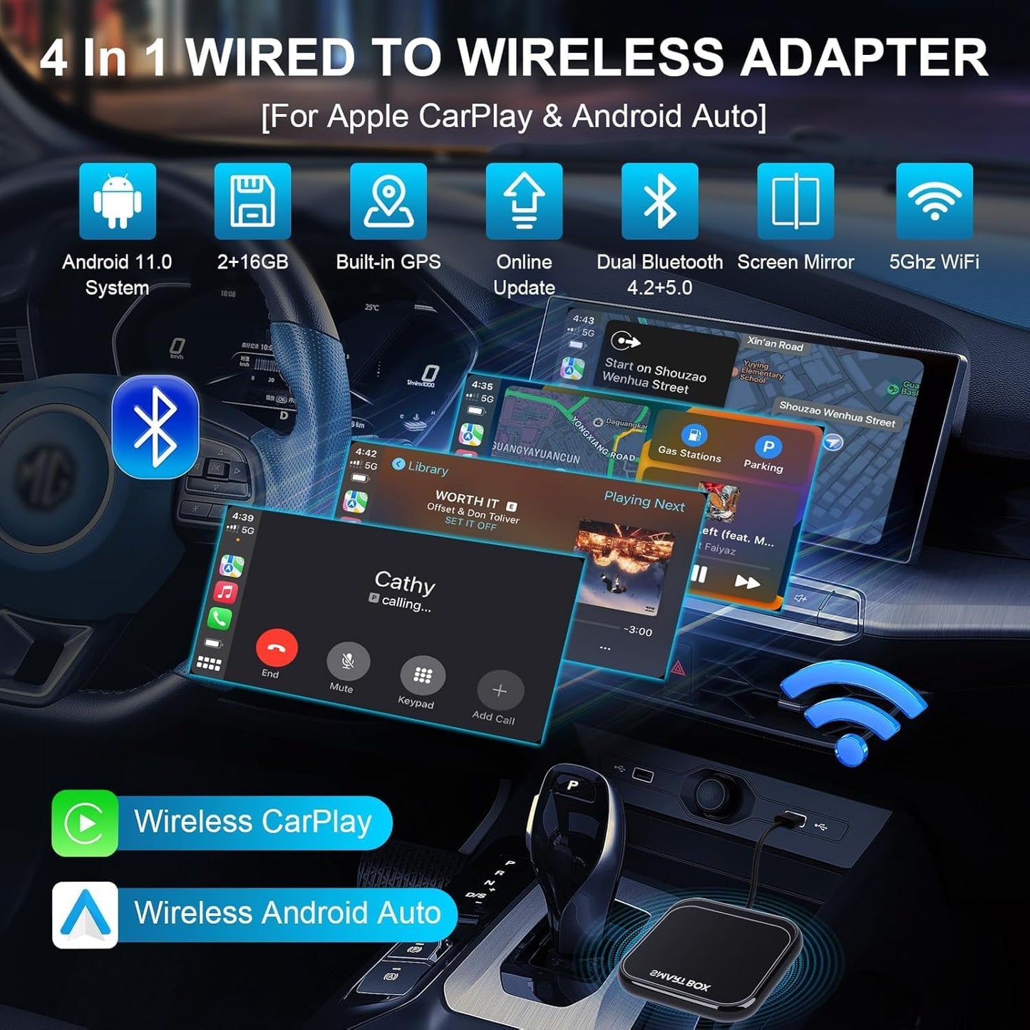 Bolidut 4 in 1 Wireless CarPlay Android Auto Wireless Adapter for iPhone, Upgrade Convert Smart AI Box Fits Netflix YouTube TikTok Stream Media Play Store TF Card for Cars with Wired Carplay (Black)