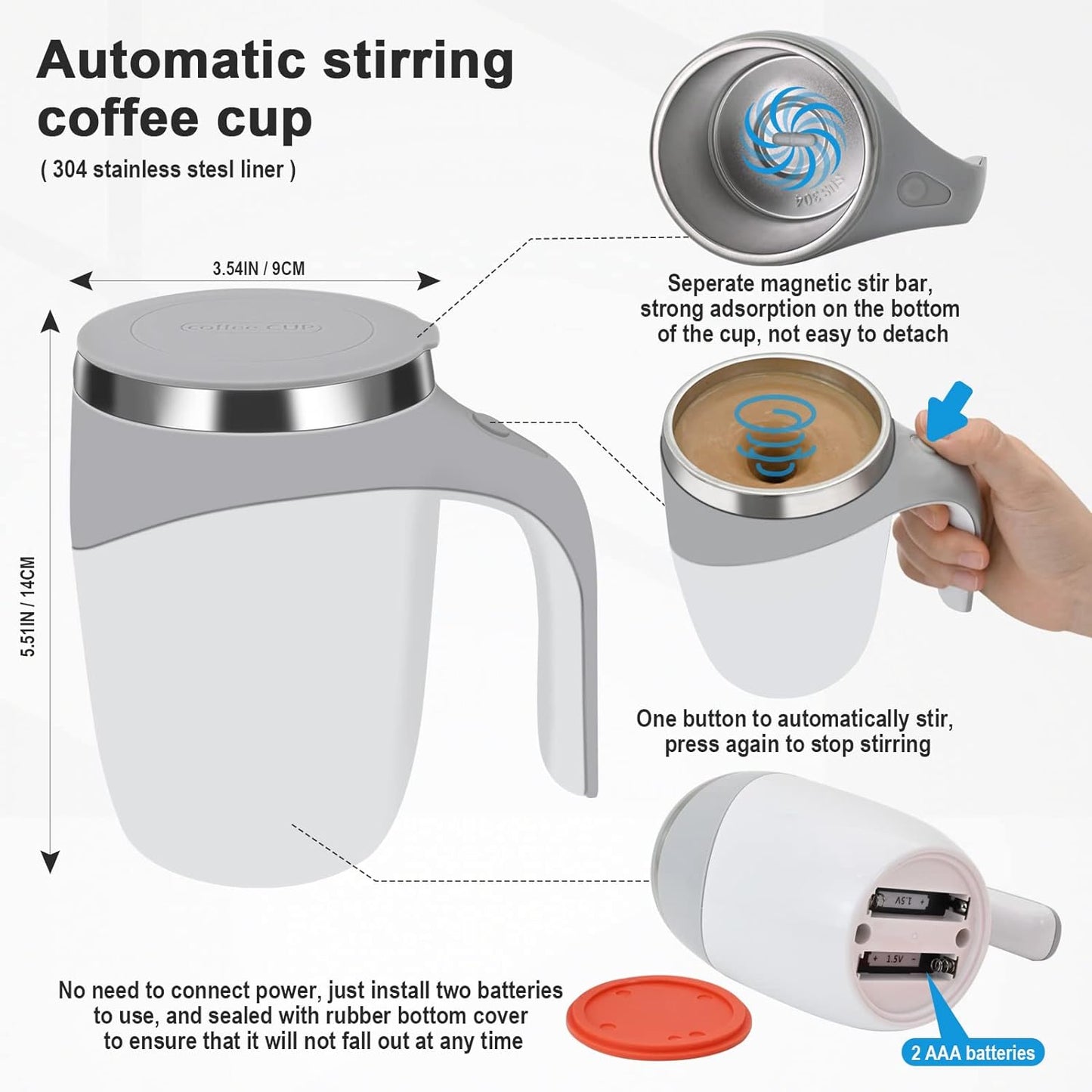 Electric Magnetic Stirring Coffee Mug, Electric Mixing Mug, Automatic Funny Self Mixing Cup, Stainless Steel Travel Cup for Chocolate, Milk, Tea, Office, Home, Kitchen, 12 oz/350ml, White