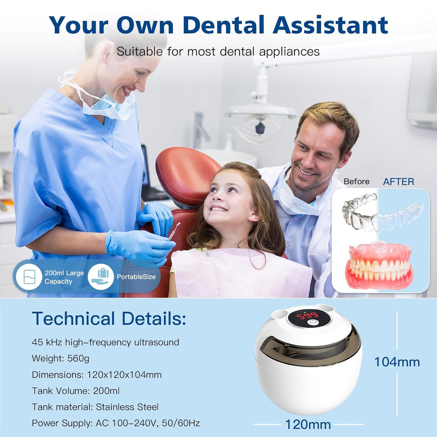 45kHz Ultrasonic Retainer Cleaner Machine, 200ML Denture Cleaner, 4 Modes with Digital Timer Mouth Guard Cleaner for Aligner, Night guard, Braces, Toothbrush, Jewelry(Bright White)
