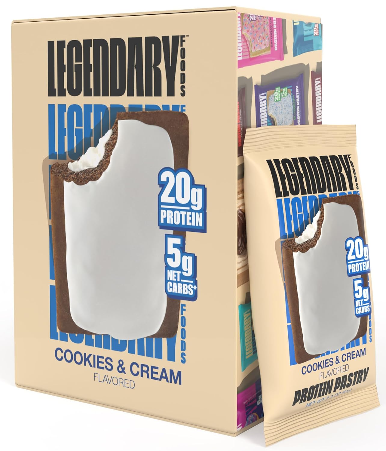 Legendary Foods 20 gr Protein Pastry, Low Carb, Tasty Protein Bar Alternative, Keto Friendly, No Sugar Added, High Protein Breakfast Snacks, Gluten Free Keto Food - Cookies and Cream (8-Pack)