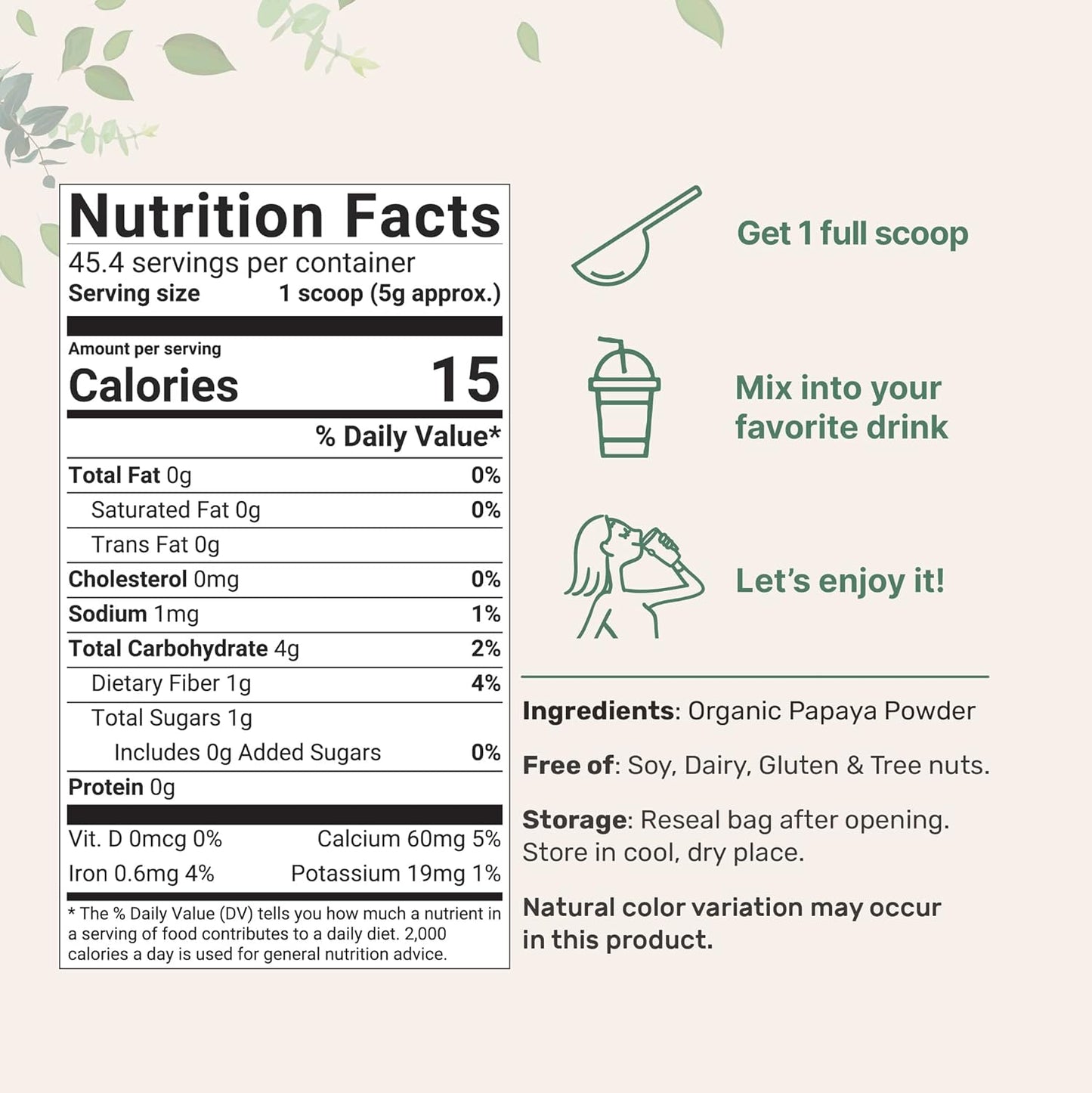 Organic Papaya Powder, 8oz | 100% Natural Fruit Powder | Freeze-Dried Papayas Source | No Sugar & Additives | Great Flavor for Drinks, Smoothie, & Beverages | Non-GMO & Vegan Friendly