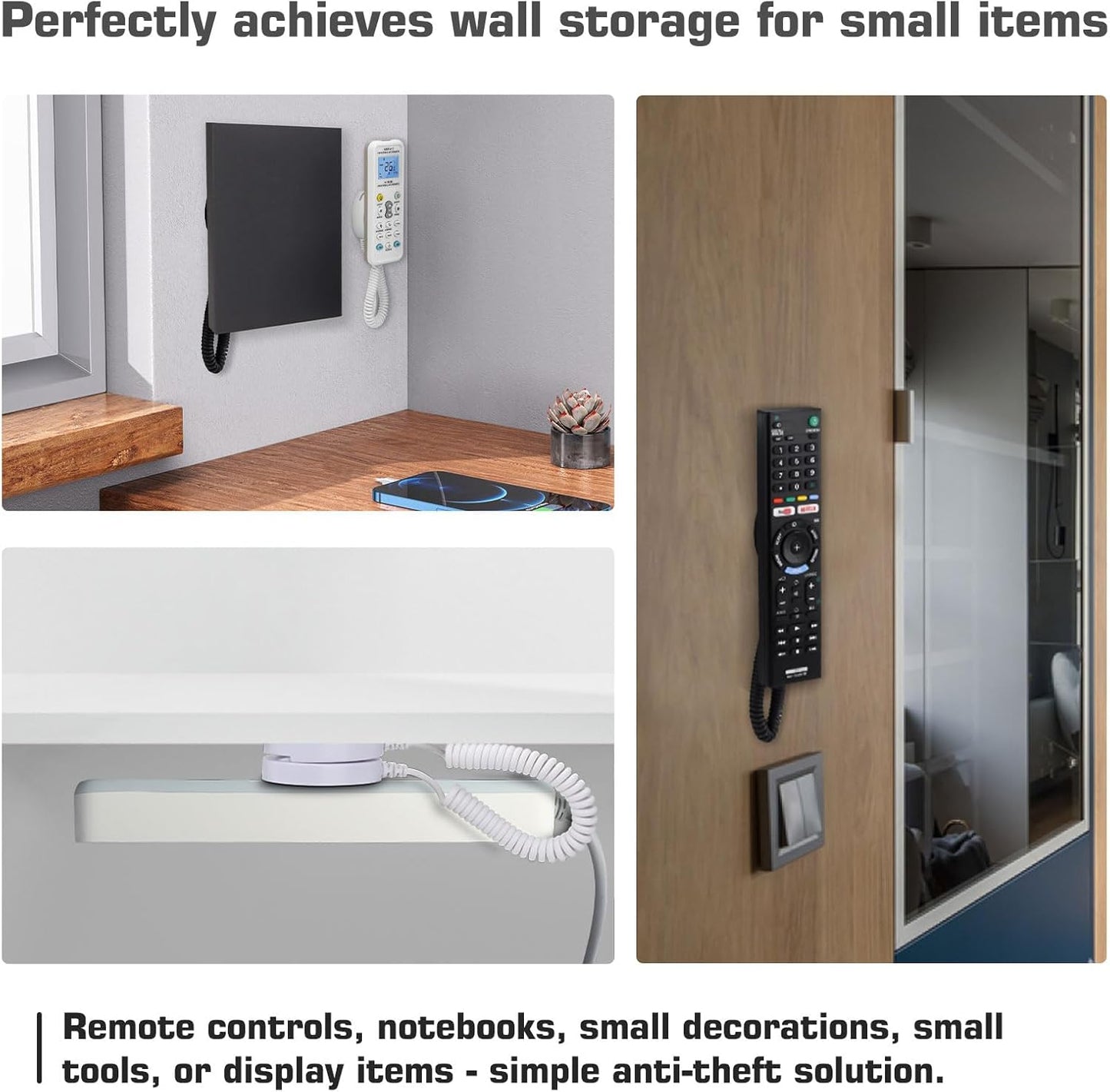 2-Pack Magnetic Remote Control Holders with Spring Ropes - Safely Secure Remotes & Small Items, Wall-Mount with Adhesive, Anti-Loss, Rapid Adsorption, Extendable Spring (Black 70 inch, 2 Pack)
