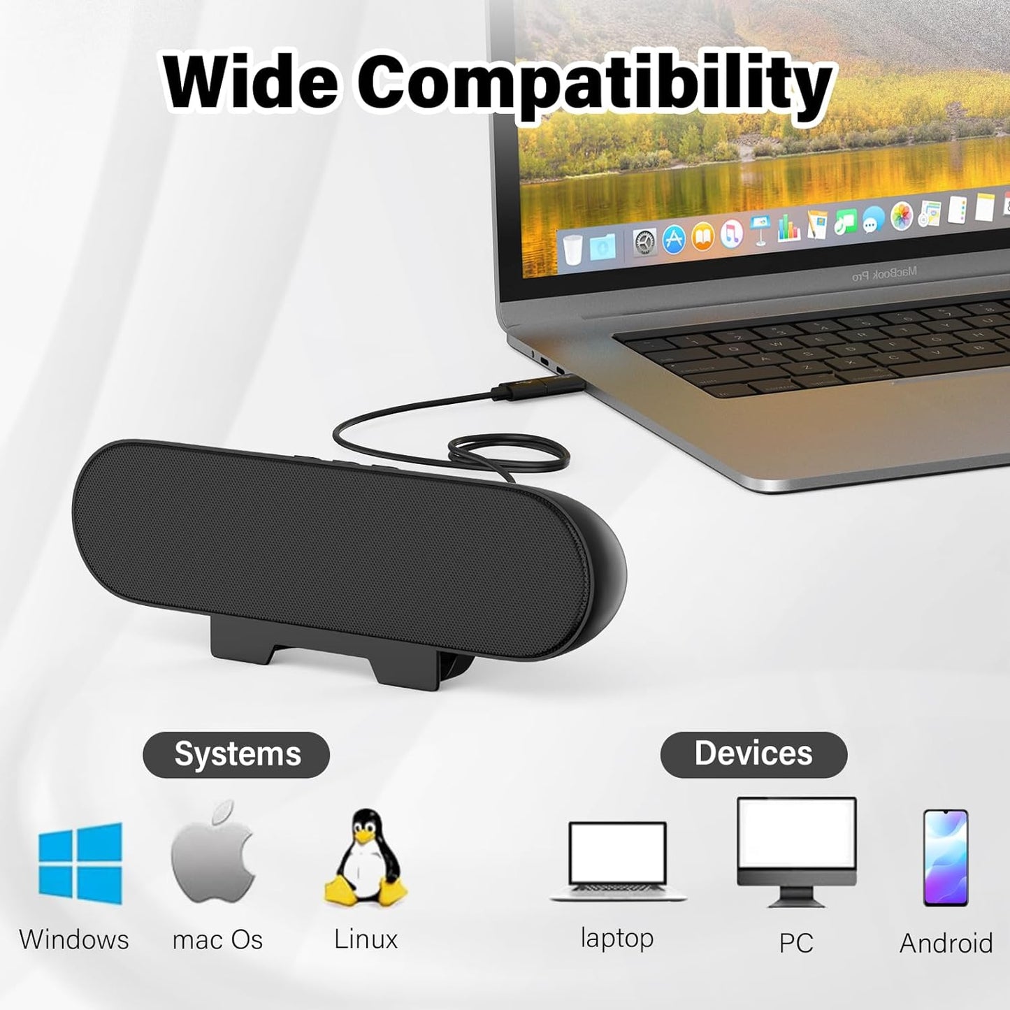 Computer Speakers for Desktop Monitor,Single USB Speakers for Desktop PC,Laptop Speaker with Loud Sound,Volume Control Easily Clamps to Monitors(USB-C to USB Adapter Included) (Black)