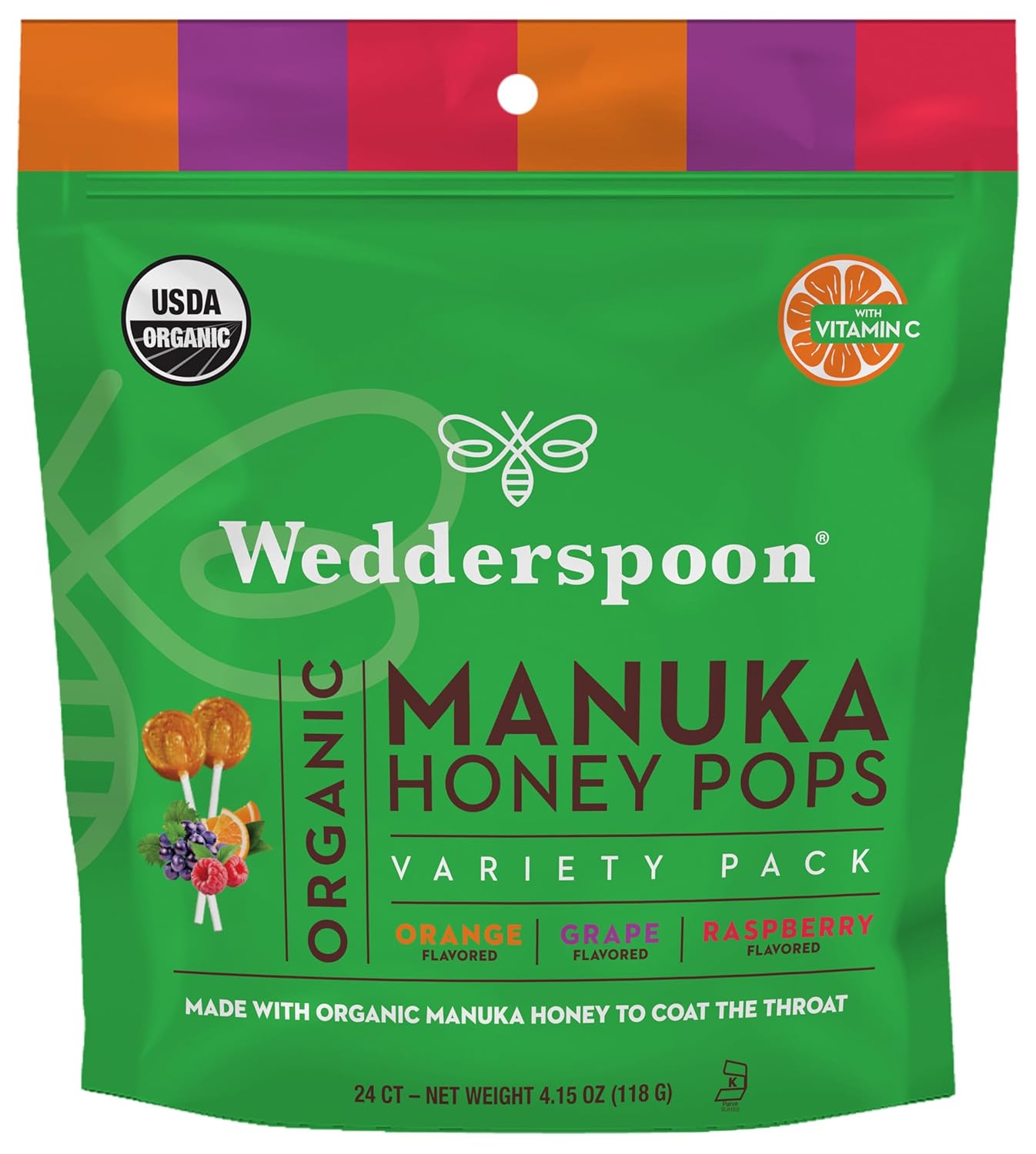 Wedderspoon Organic Manuka Honey Vitamin C Lollipops Variety Pack, 24 Count - No Artificial Flavors or Dye