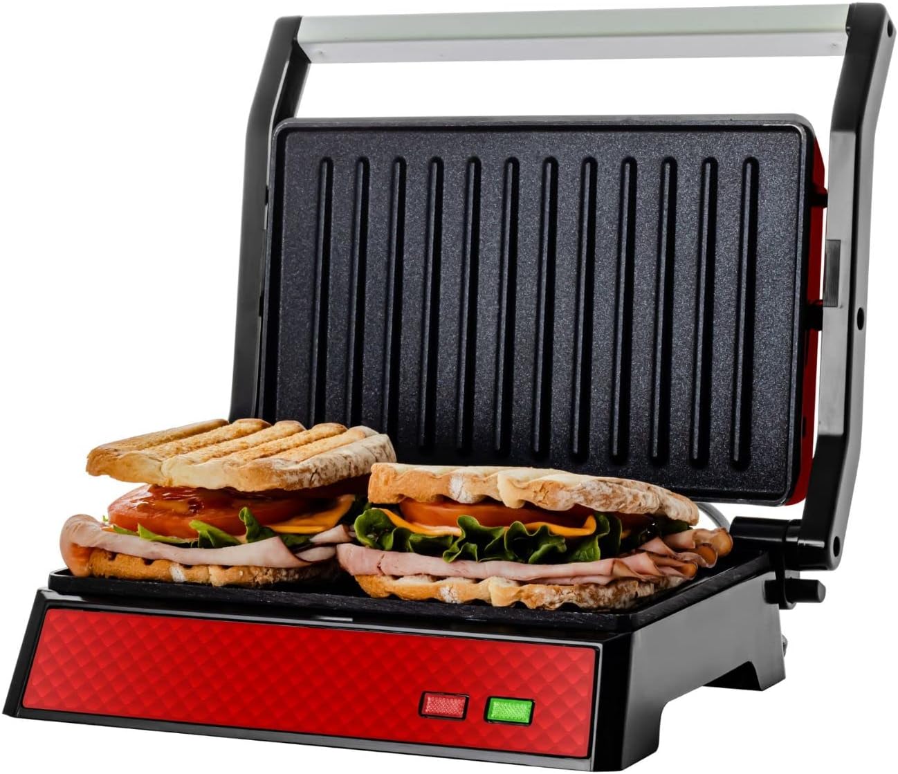 OVENTE Electric Panini Press Sandwich Maker with Non-Stick Coated Plates, Opens 180 Degrees to Fit Any Type or Size of Food, 1000W Indoor Grill Perfect for Quesadillas, Burgers & More, Red GP0620R