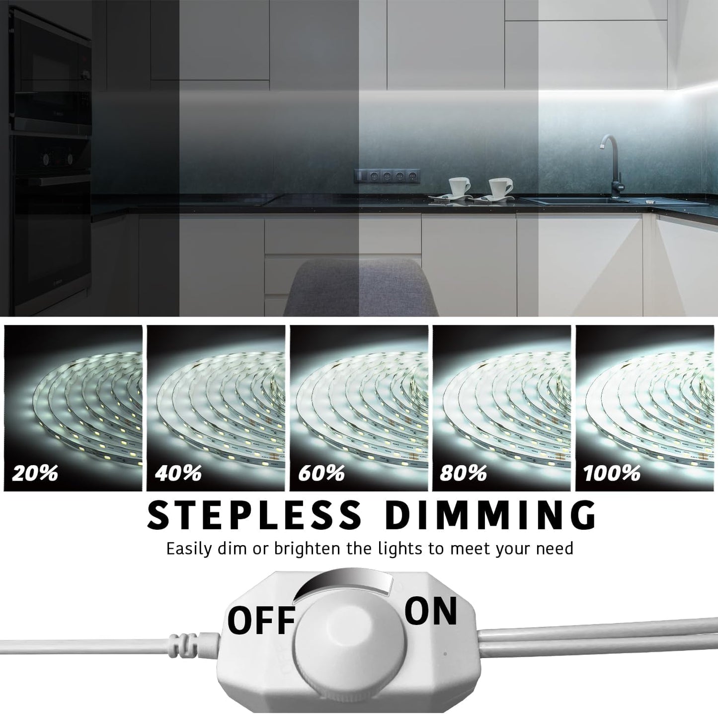 dalattin White LED Strip Lights, 20ft Dimmable Super Bright 24V Led Tape Light 6500K 360 LEDs Lights for Bedrooms, Mirror, Kitchen, Home Decoration Daylight White
