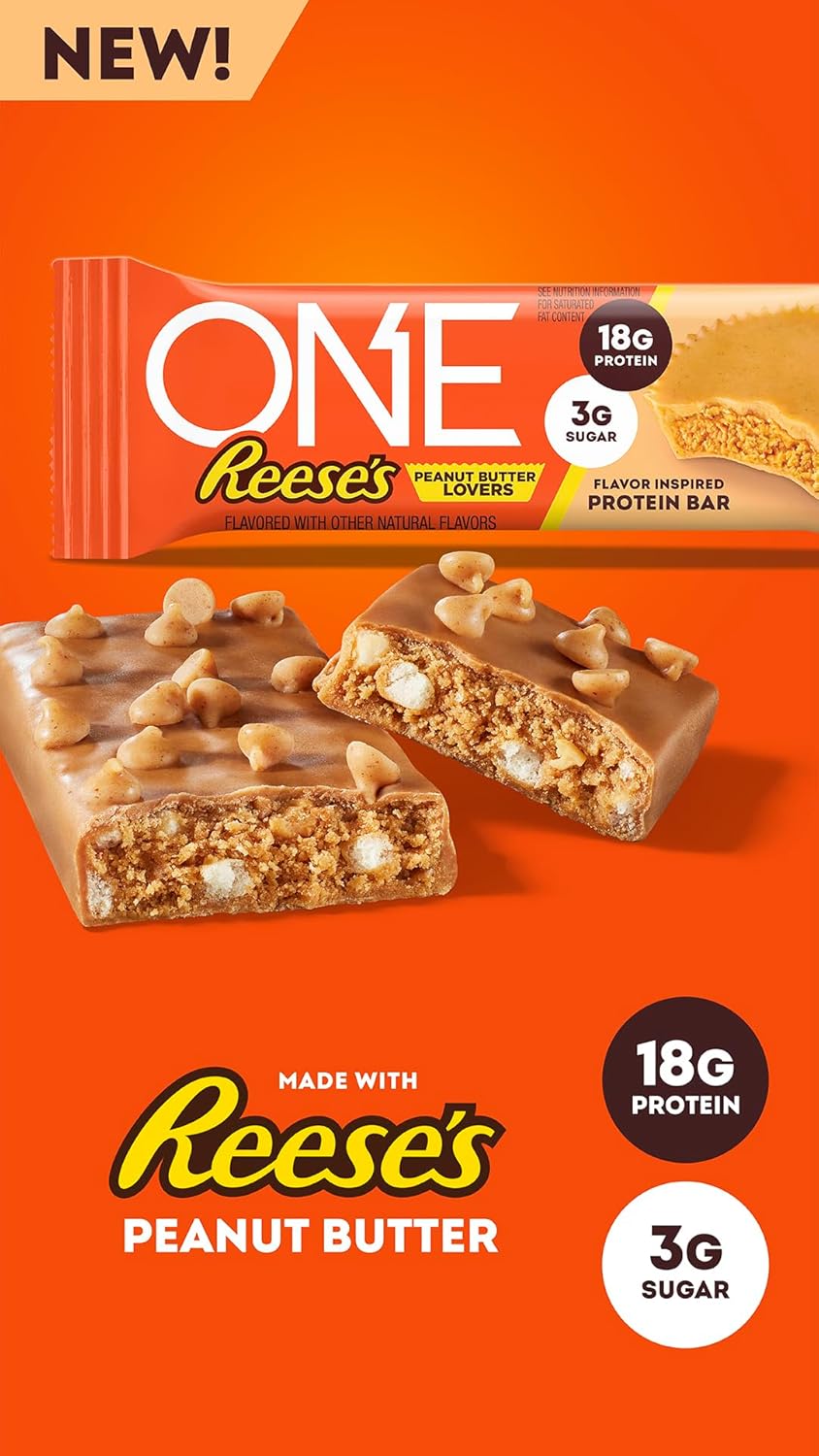 ONE Protein Bars, Reese's Peanut Butter Lovers, Gluten Free with 18g Protein and 3g Sugar, Pantry Staples, 2.12 oz (12 Count)