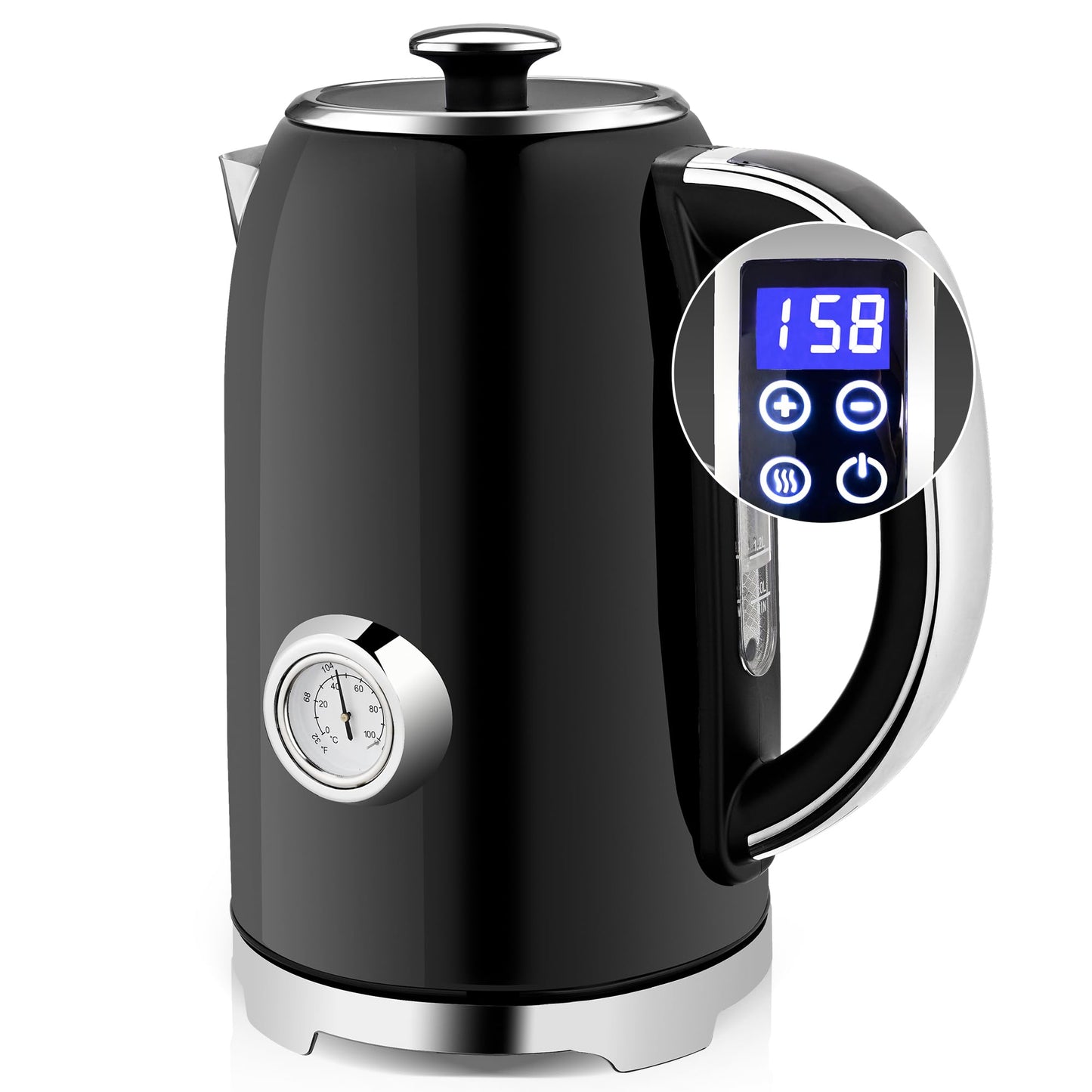 SUSTEAS Electric Kettle Temperature Control - 57oz Hot Water Boiler with Thermometer, 1500W Fast Heating Stainless Steel Tea Kettles, Cordless LED Indicator, Auto Shut-Off & Boil Dry Protection,Black