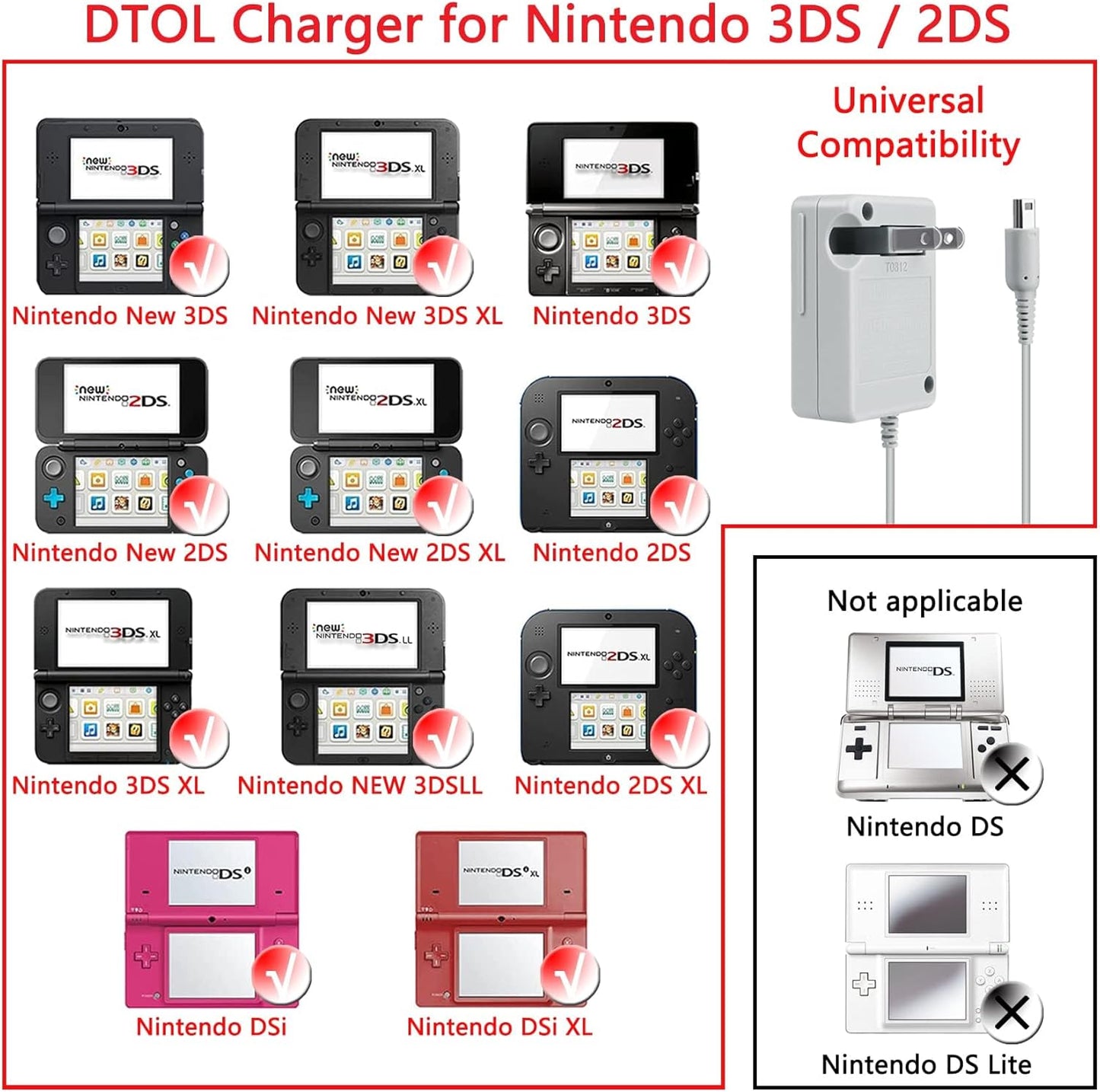 DTOL AC Adapter Game Charger for Nintendo Dsi Ndsi 3DS/3DSXL/New 3DS/New 3Dsll/2DS/Dsi/Dsixl 2 Pack