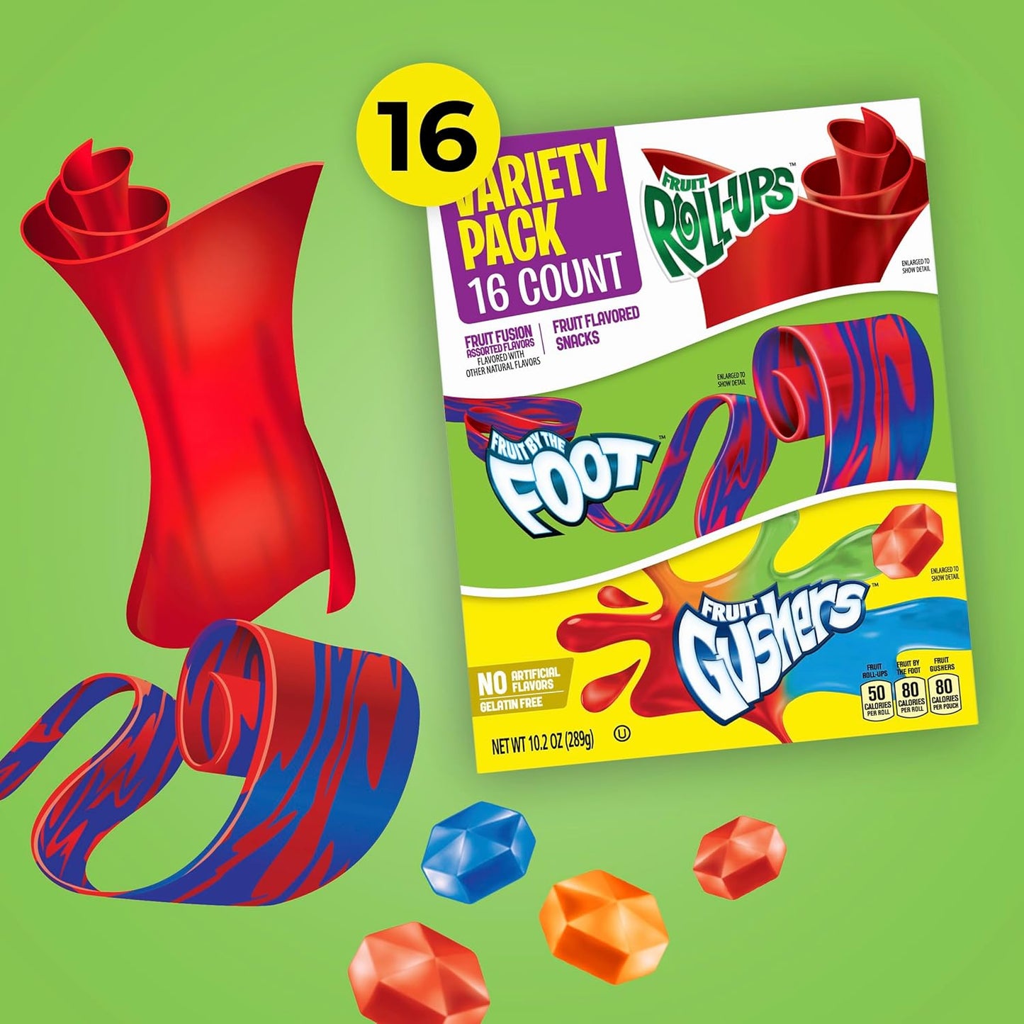 Fruit Roll-Ups, Fruit by the Foot, Gushers, Fruit Flavored Snacks Variety Pack, Gluten Free, 16 Ct, 10.2 oz