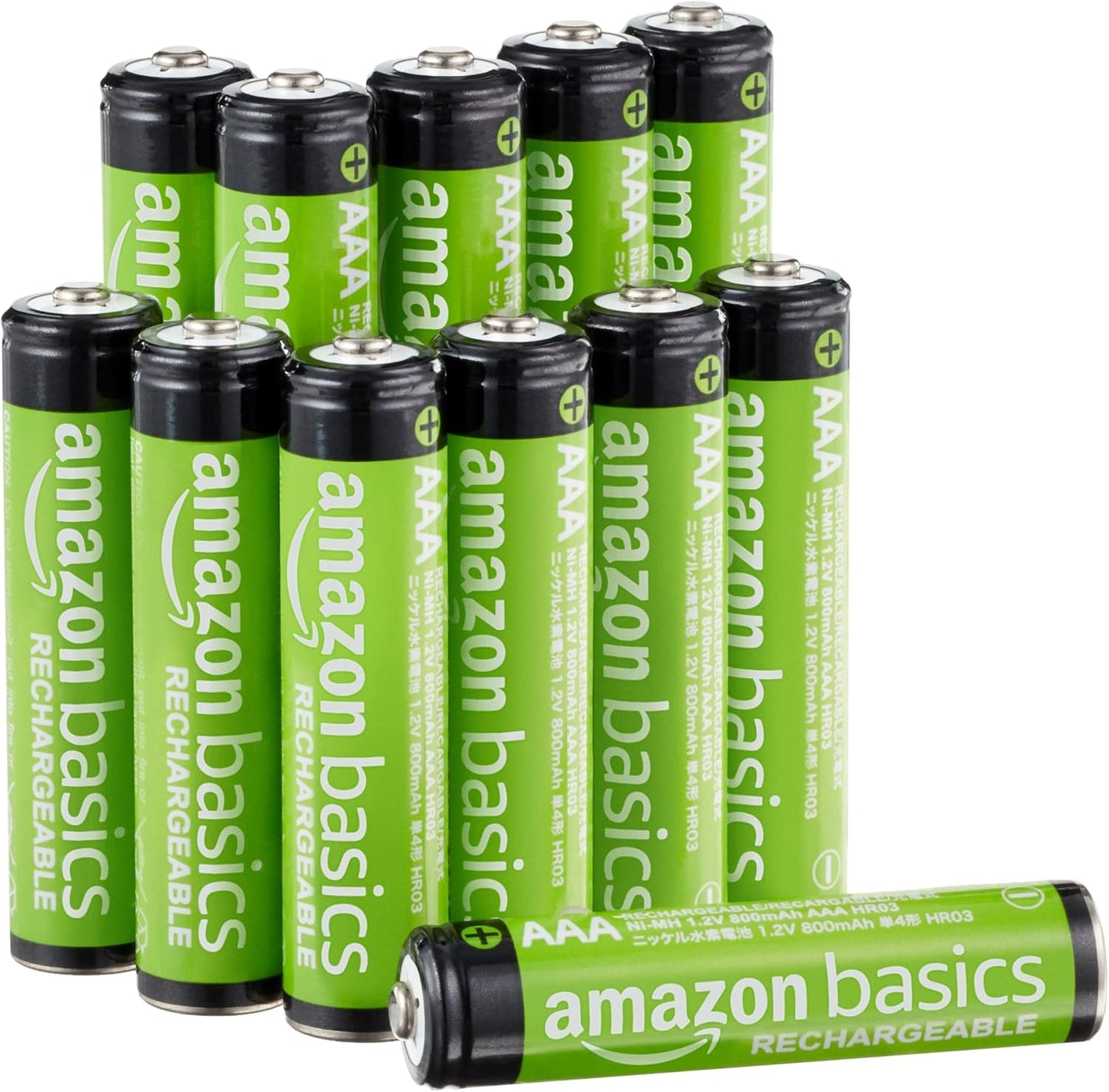 Amazon Basics 12-Pack Rechargeable AAA NiMH Performance Batteries, 800 mAh, Recharge up to 1000x Times, Pre-Charged