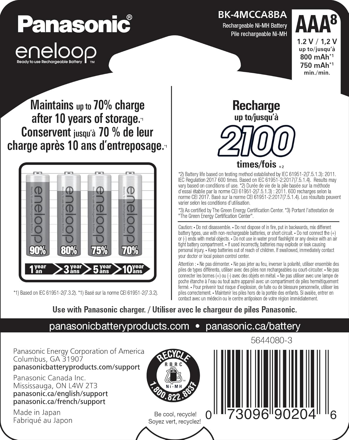 Eneloop Panasonic BK-4MCCA8BA AAA 2100 Cycle Ni-MH Pre-Charged Rechargeable Batteries, 8-Battery Pack