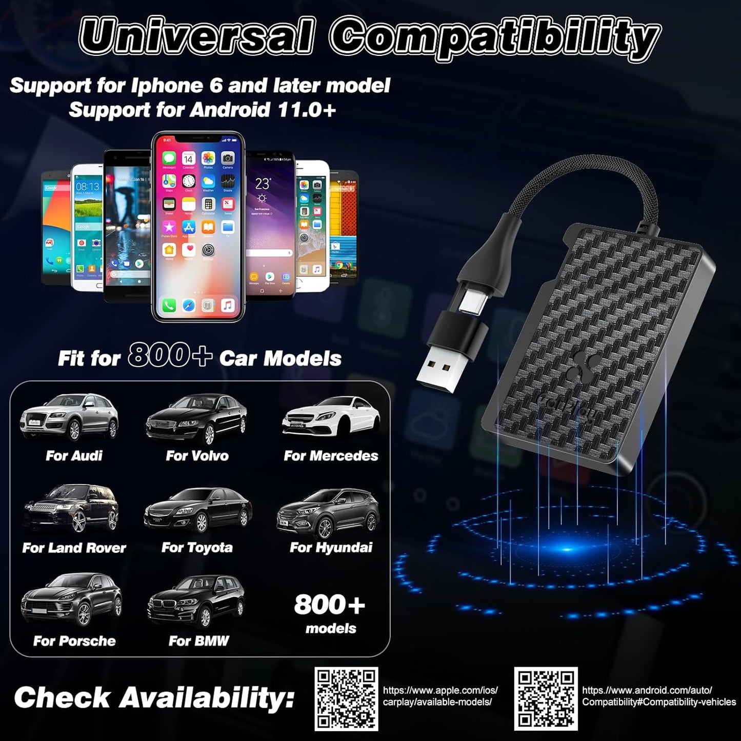 2-in-1 Wireless Carplay Adapter Android Auto Adapter, Convert Wired to Wireless Car Play Adapter Dongle, Plug & Play for Cars, Seamless Control Adapter for iOS 10+/ Android 11+