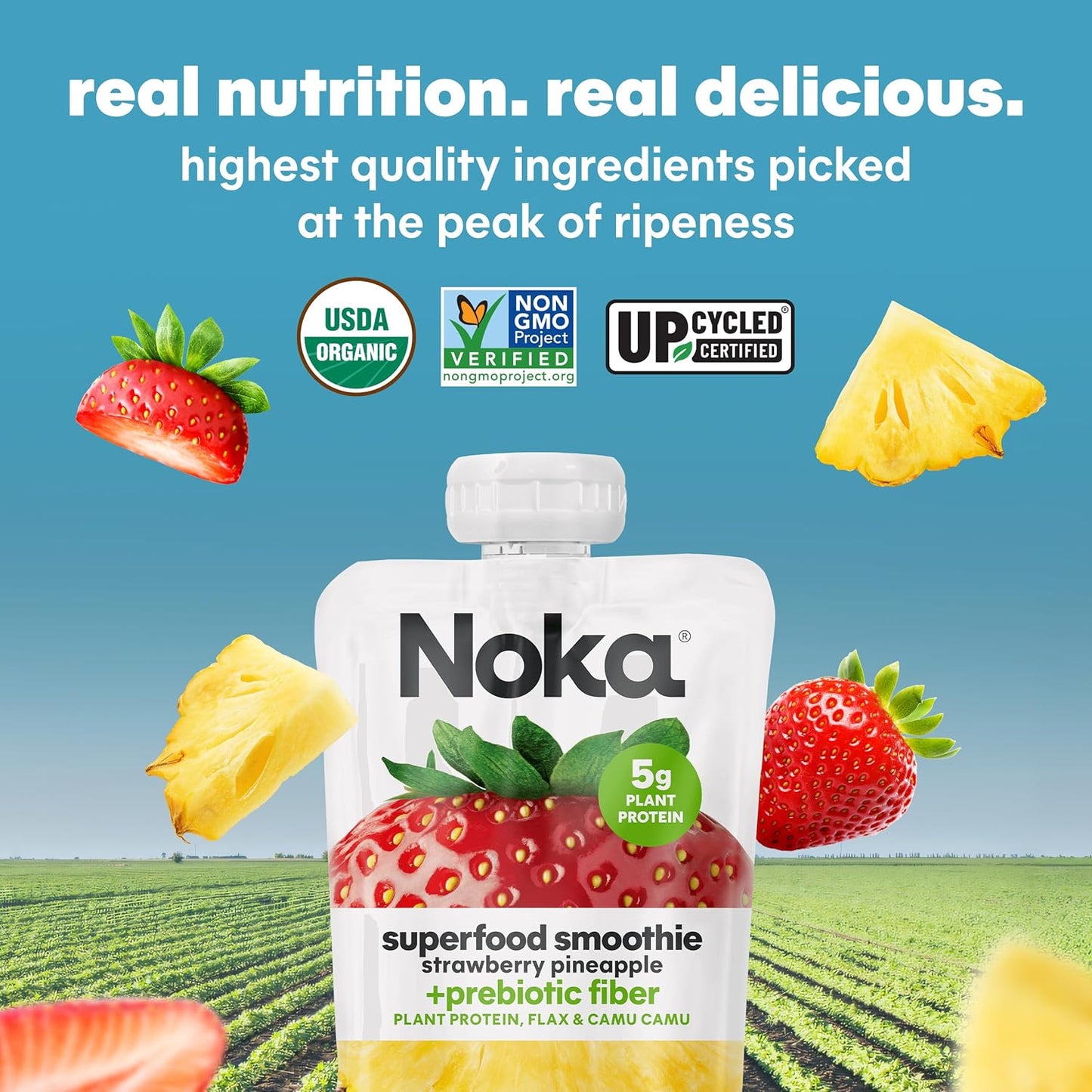Noka Superfood Fruit Smoothie Pouches, Strawberry Pineapple, Healthy Snacks with Flax Seed, Prebiotic Fiber and Plant Protein, Vegan and Gluten Free, Organic Squeeze Pouch, 4.22 oz, 12 Count
