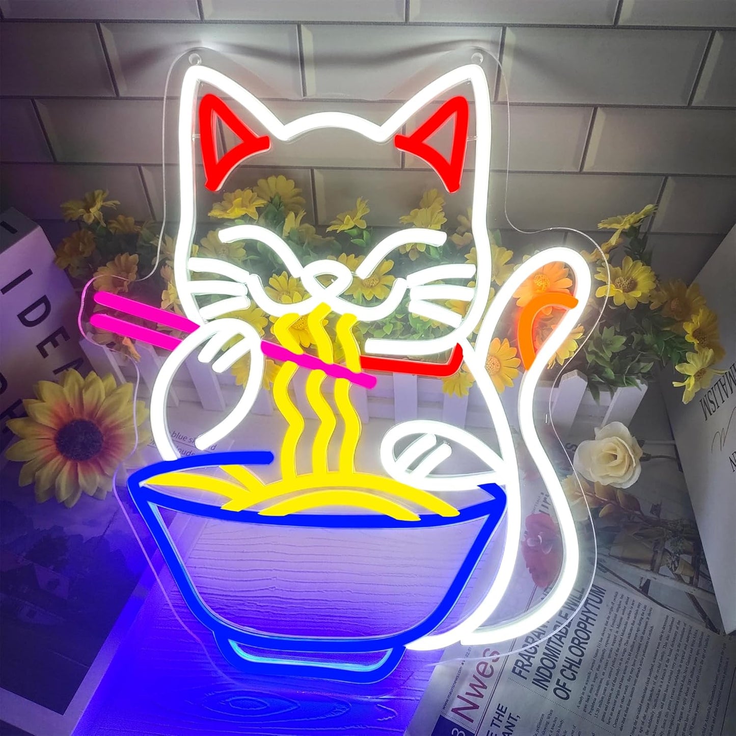 Fortune Cat Ramen Neon Sign, Dimmable Japanese Lucky Cat Noodle Ramen Led Neon Signs for Wall Decor Resturant Home Bar Kitchen Dinning Room Wall Art Decor Gifts(15.7 * 12.7in)
