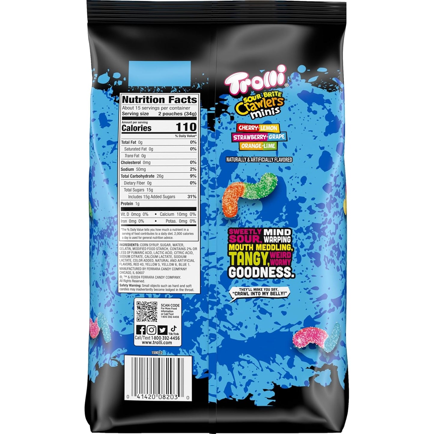 Trolli Mini Sour Brite Crawlers, Candy, Cherry-Lemon, Strawberry-Grape & Orange-Lime, Sweet and Sour, Gummy Worms, Halloween Candy Variety Pack Trick-or-Treat Assortment, 18 oz (30 ct)