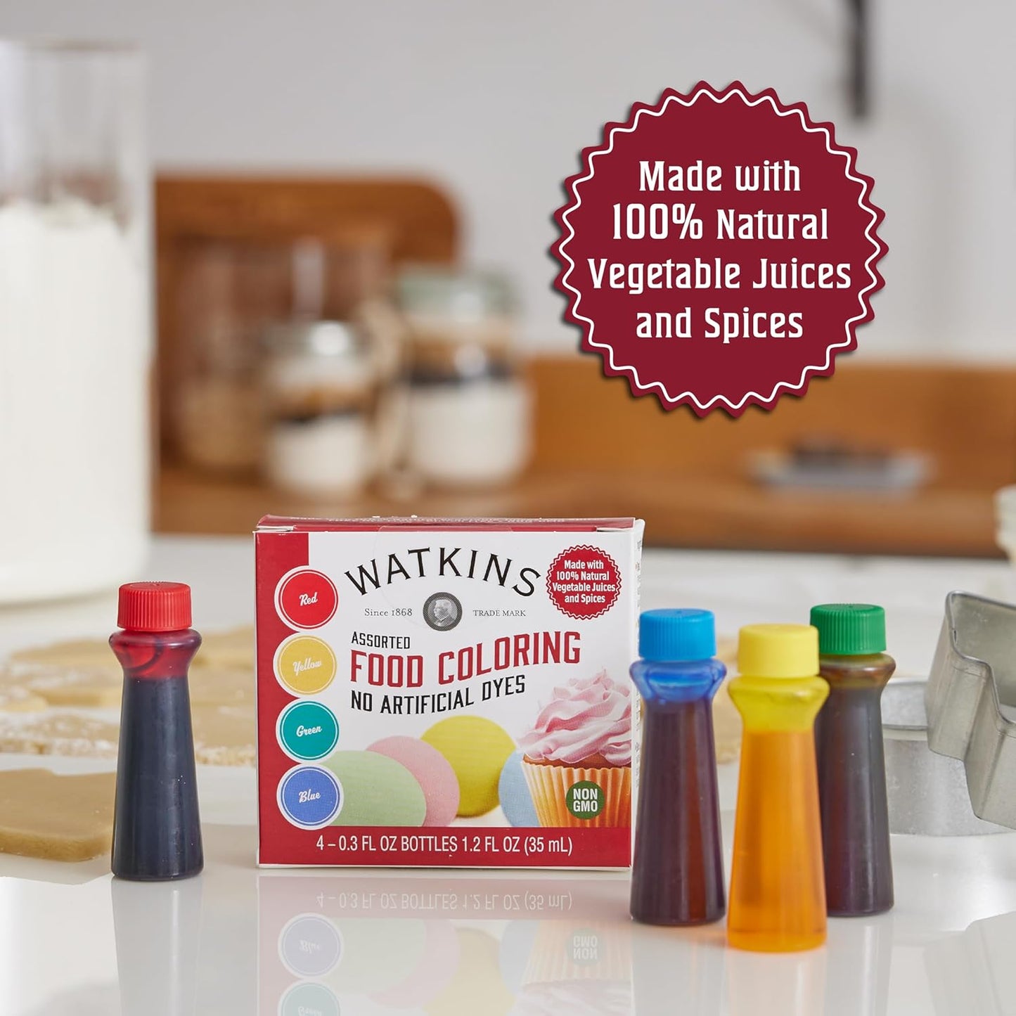 Watkins Assorted Food Coloring, 1 Each Red, Yellow, Green, Blue, Total Four 0.3 oz bottles, 4 Count (Pack of 1)