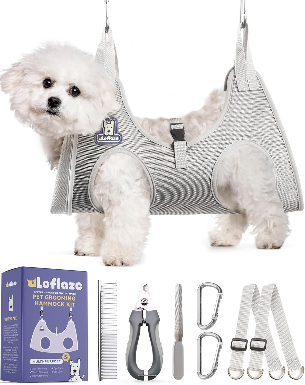 Dog Grooming Hammock Harness for Dogs & Cats with Pet Nail Clipper Trimmer - Cat Hanger Sling for Trimming Clipping Nails- Dog Hammock Restraint Bag for Small Medium Large Dog ( Grey S )