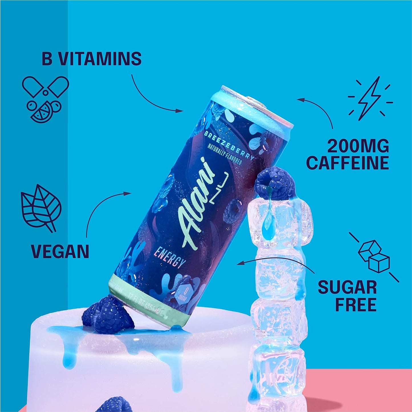 Alani Nu BREEZEBERRY Sugar Free, Low Calorie Energy Drinks | 200mg Caffeine | Biotin B Vitamins | Zero Sugar | 10 Calories | 12 Fl Oz Cans |12 Pack