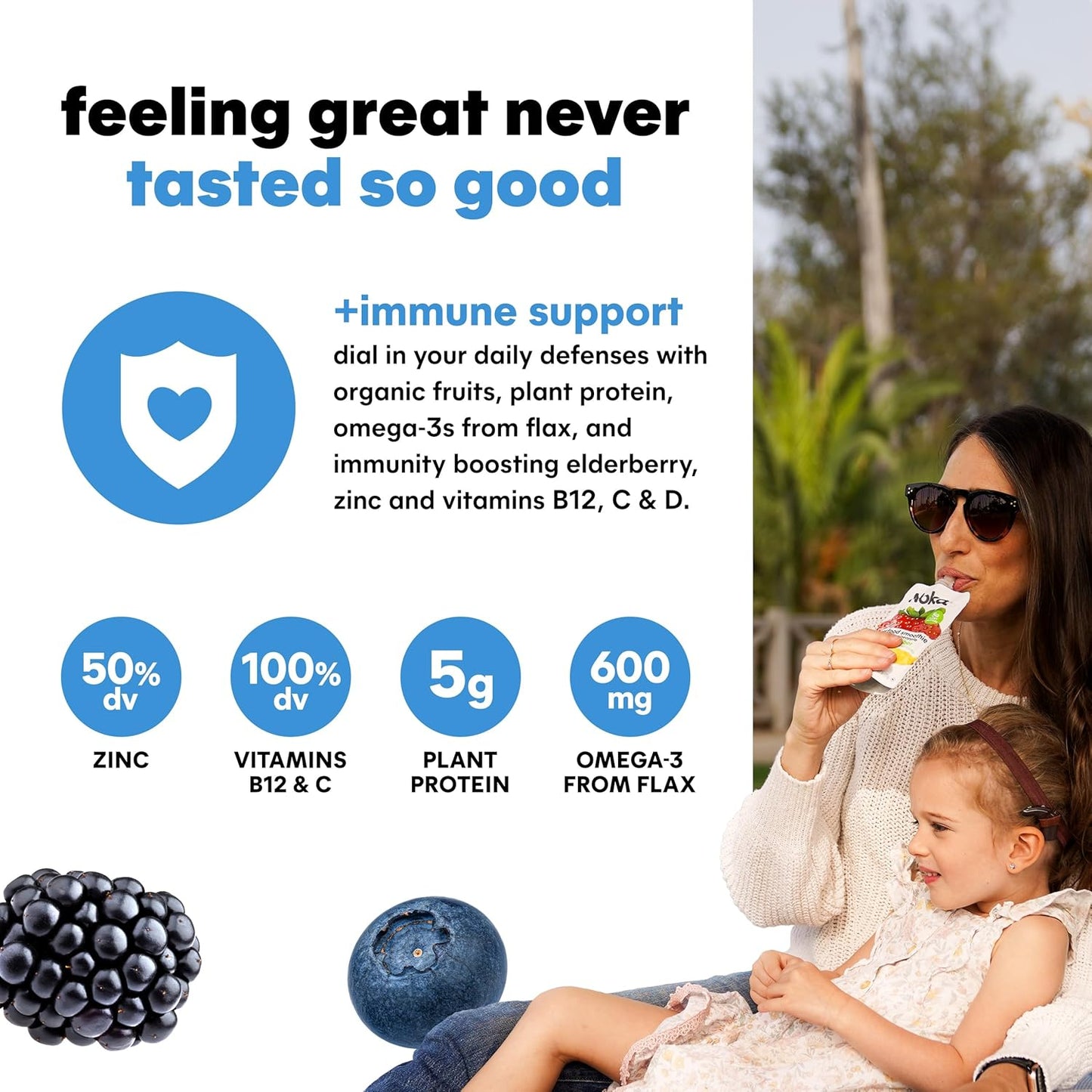 Noka Superfood Fruit Smoothie Pouches, Super Berry with Immune Support, Healthy Snacks with Elderberry, Flax Seed, Plant Protein, and Prebiotic Fiber, Gluten Free and Vegan, 4.22 oz, 12 Count