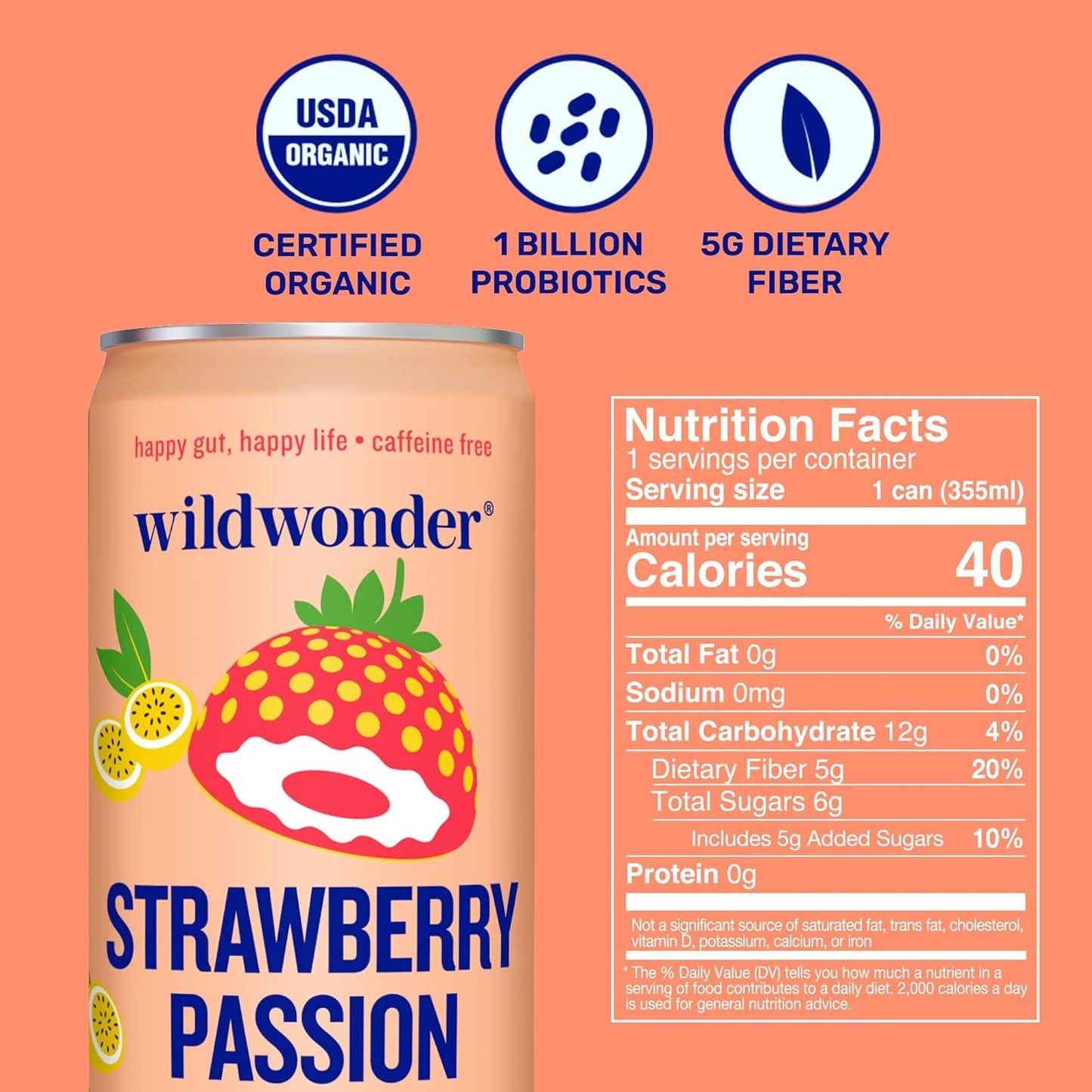 wildwonder Sparkling Probiotic Juice Drink w/Gut Health Immunity, Digestion Support, 5g Fiber, Live Probiotics, Caffeine Free, Organic, Low Sugar, 12pk 12oz, Strawberry Passion, As Seen on Shark Tank