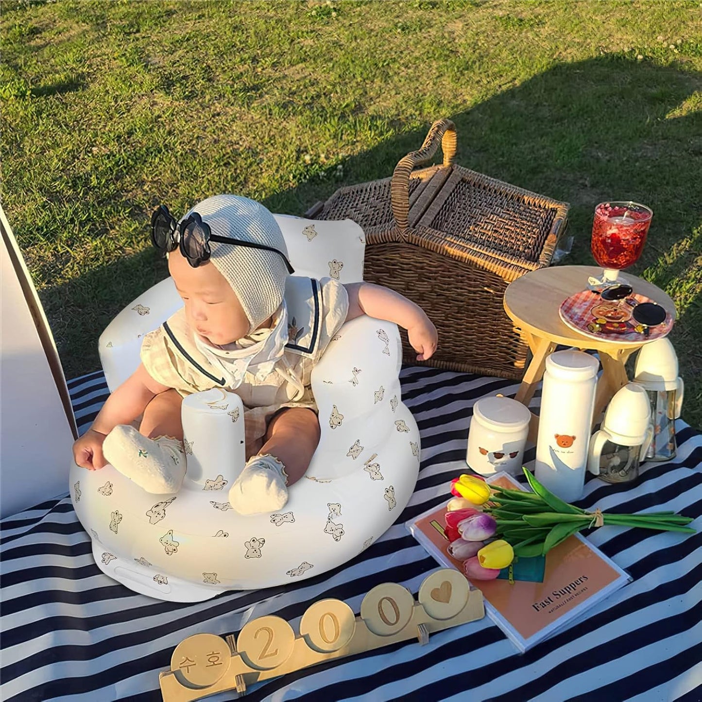Inflatable Baby Seat for Babies 3 Months & Up, Baby Floor Seats for Sitting Up, Baby Seats for Infants, Blow Up Baby Chair with Built in Air Pump - Bear