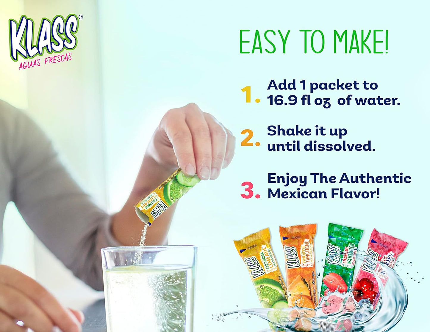 Klass Aguas Frescas | Drink Mix Cucumber Limeade | Sugar Free Drinks! (40 Count Powder Stick Packets) Shake it up!
