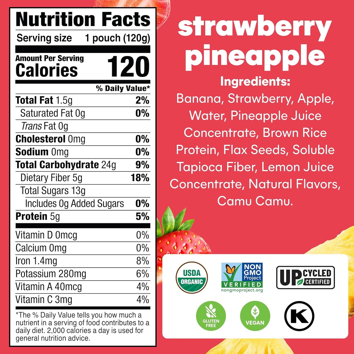 Noka Superfood Fruit Smoothie Pouches, Strawberry Pineapple, Healthy Snacks with Flax Seed, Prebiotic Fiber and Plant Protein, Vegan and Gluten Free, Organic Squeeze Pouch, 4.22 oz, 12 Count