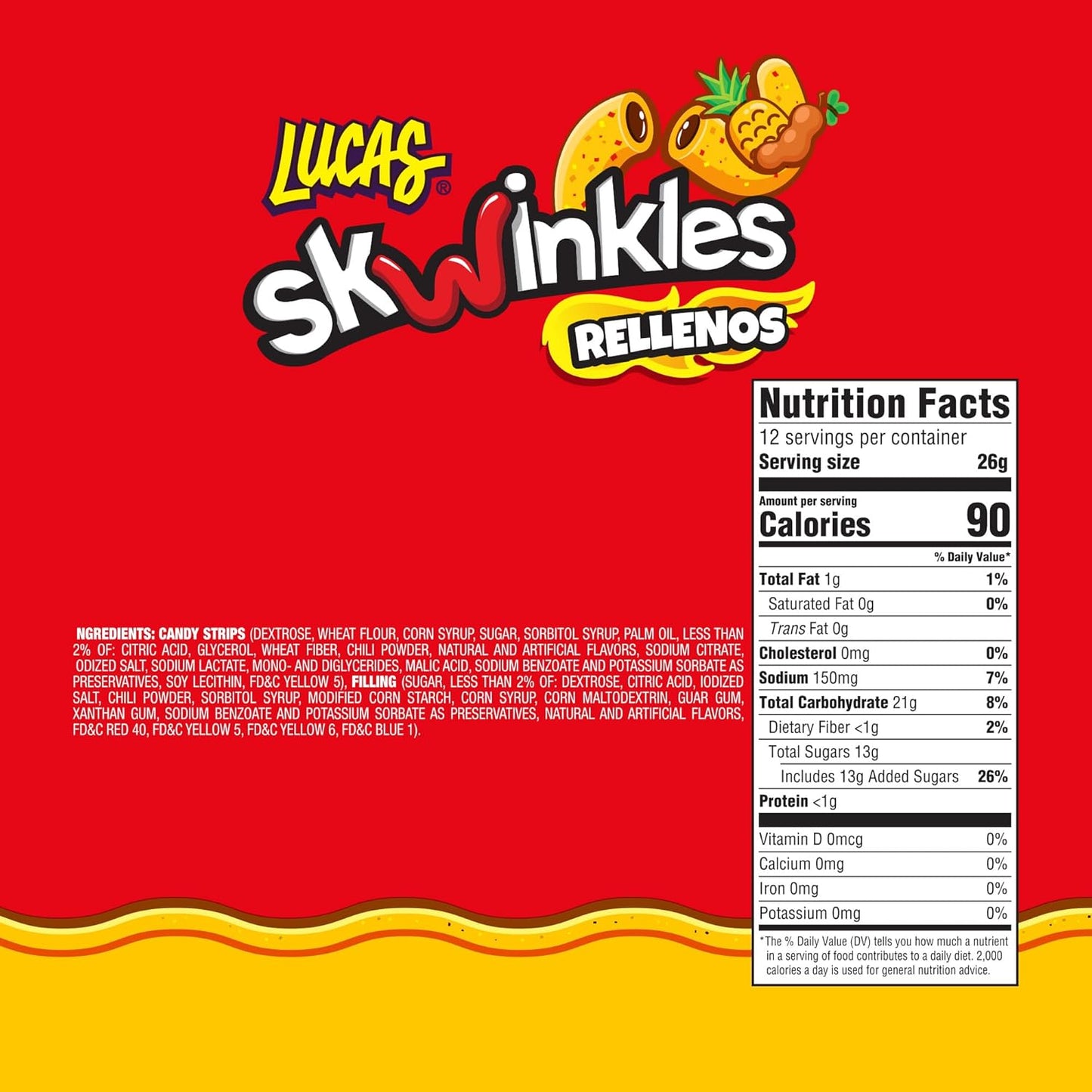 Lucas Skwinkles Pineapple - Tamarind Filled Flavored Sweet & Sour Candy Strips, 0.92oz - 12 Pieces for Treats, Fruit, Parties, Piñatas