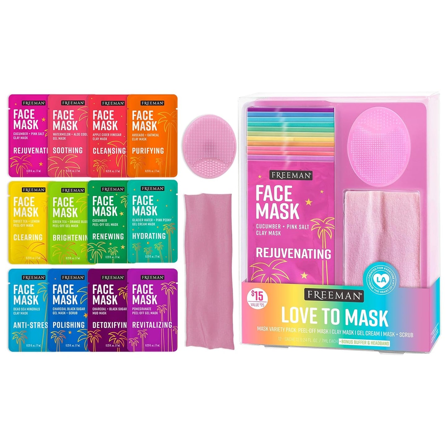 Freeman 14 Piece Love To Mask Variety Pack, Face Masks For All Skin Types, Hydrate, Detoxify, & Clear Skin, Exfoliating Scrub, Bonus Headband & Skin Buffer, Stocking Stuffer, Cruelty-Free & Vegan