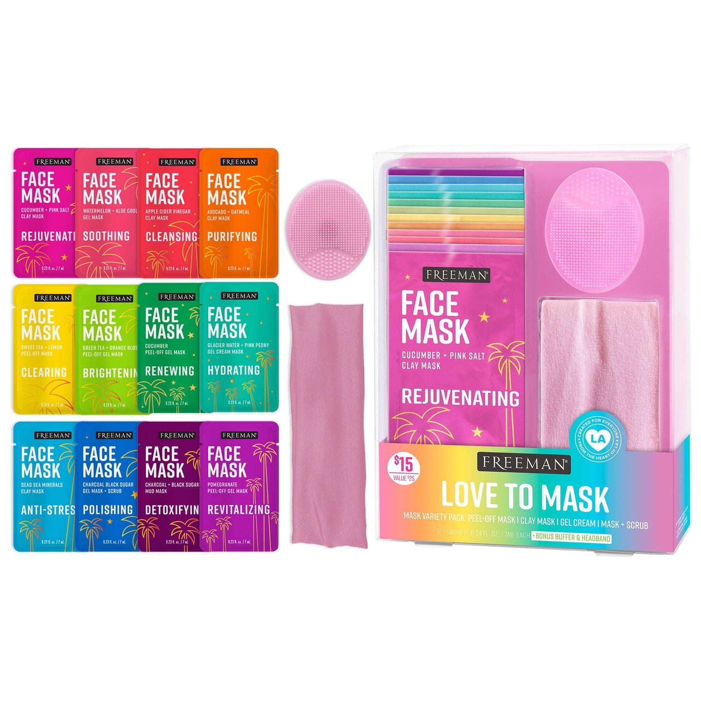 Freeman 14 Piece Love To Mask Variety Pack, Face Masks For All Skin Types, Hydrate, Detoxify, & Clear Skin, Exfoliating Scrub, Bonus Headband & Skin Buffer, Stocking Stuffer, Cruelty-Free & Vegan