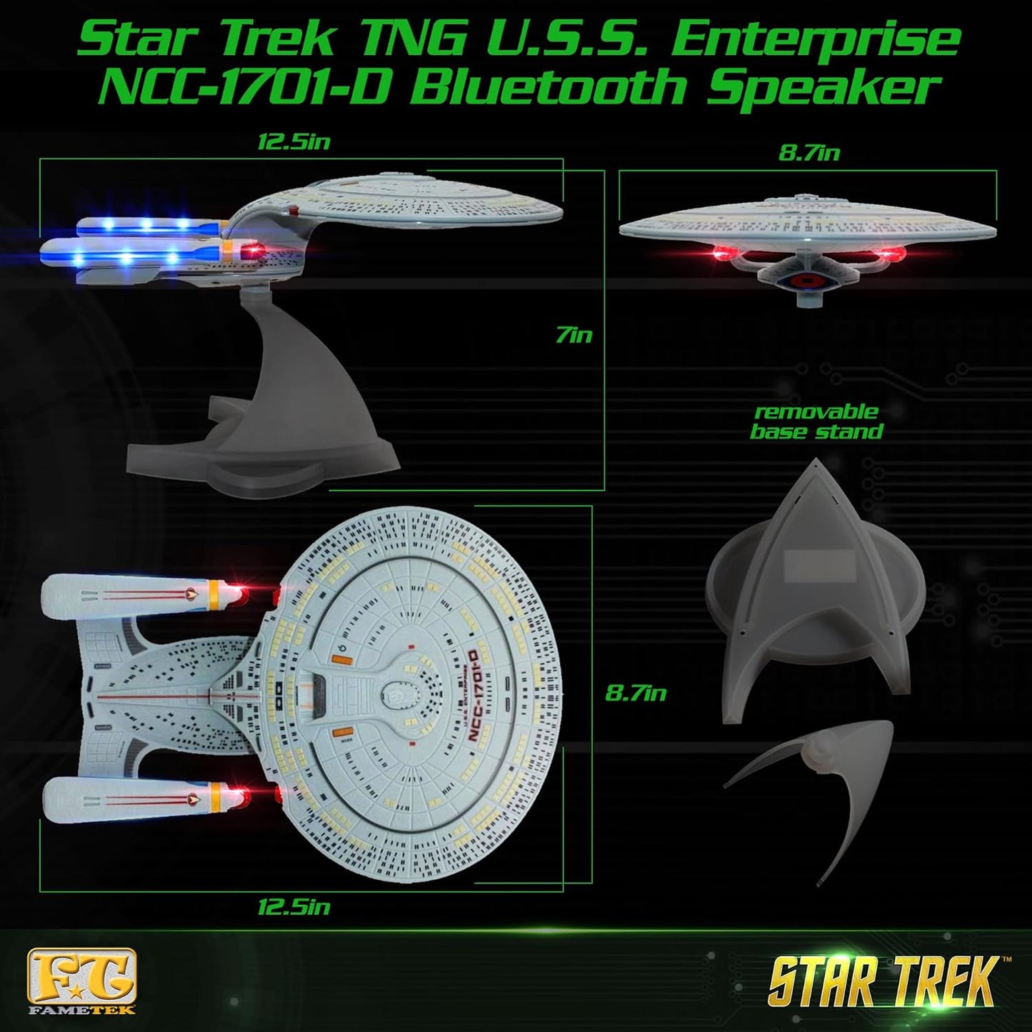 FAMETEK Star Trek U.S.S. Enterprise 1701-D β Replica Bluetooth Speaker, Engine Noise Sleep Machine, Night Light, Sound Effects β Memorabilia, Gifts, Gadgets, Collectibles for Star Trek Fans