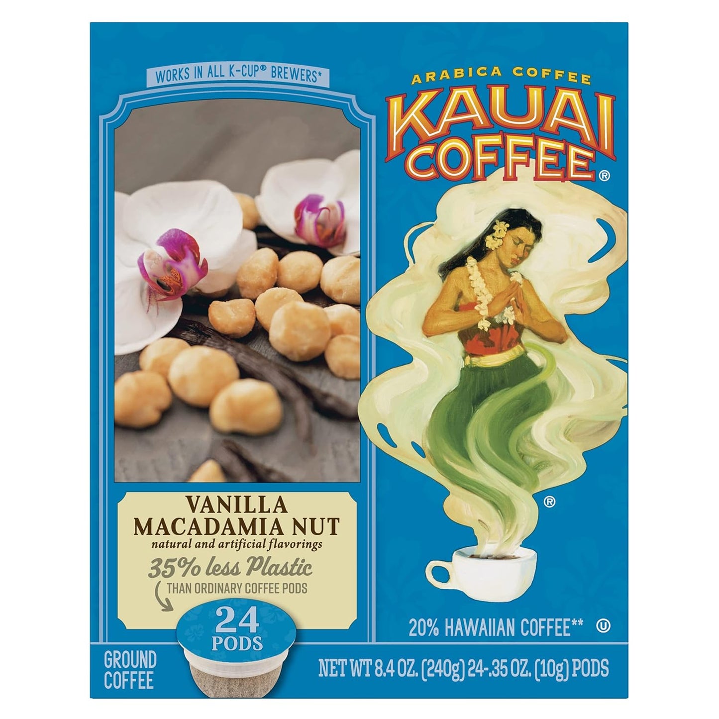 Kauai Coffee Vanilla Macadamia Nut Medium Roast- Compatible with Keurig Pods K-Cup Brewers (1 Pack of 24 Single-Serve Cups)