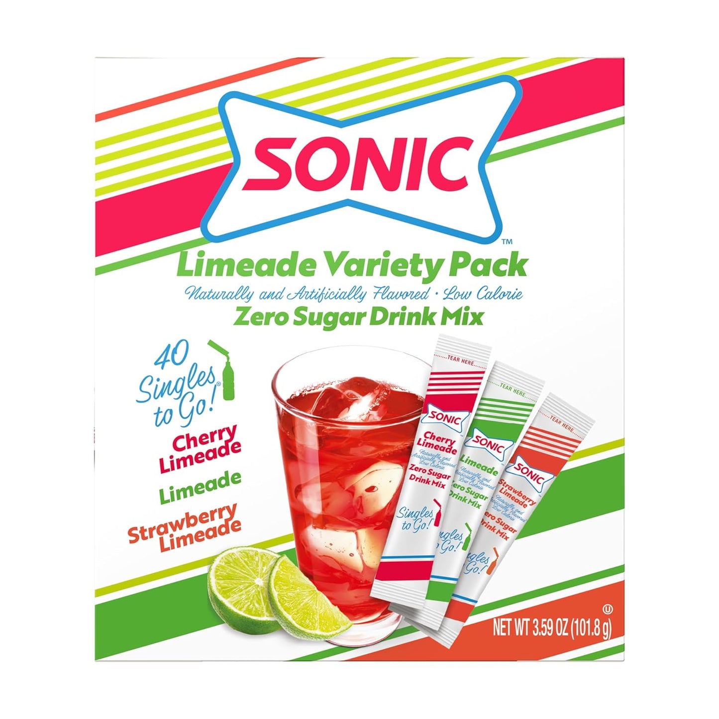 Sonic Singles To Go Limeade Variety Pack, Watertok Powdered Drink Mix, Includes 3 Flavors, Limeade, Cherry Limeade, Strawberry Limeade, 1 Box (40 Servings)