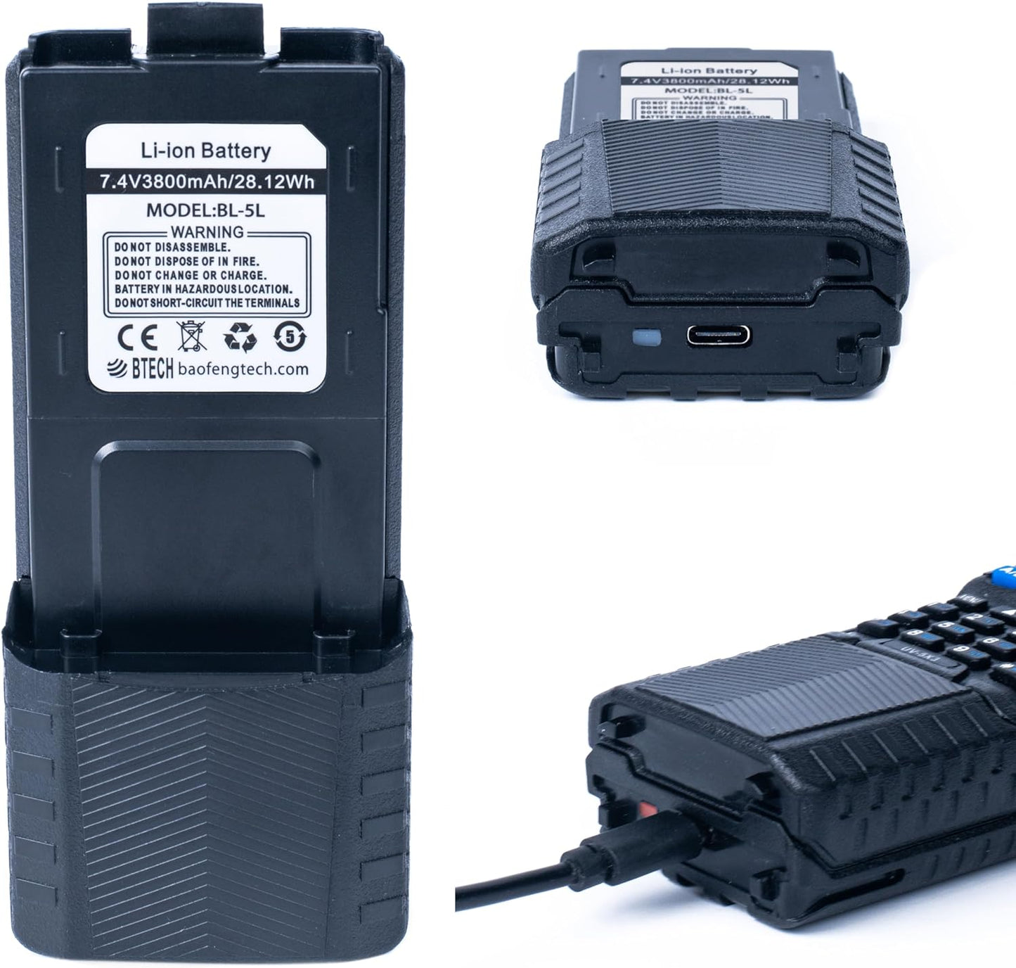 BTECH BL-5L 3800mAh USB-C Charging Li-ion Battery Pack, High Capacity Extended Battery for UV-5X3, BF-F8HP, and BaoFeng UV-5R Series Radios (BL-5 Battery Series)