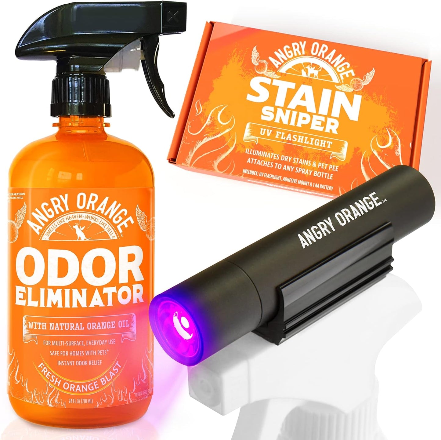 ANGRY ORANGE Pet Odor Eliminator for Strong - Citrus Deodorizer Dog or Cat Pee Smells on Carpet, Furniture & Indoor Outdoor Floors Puppy Supplies (24 Fl Oz + UV Flashlight)