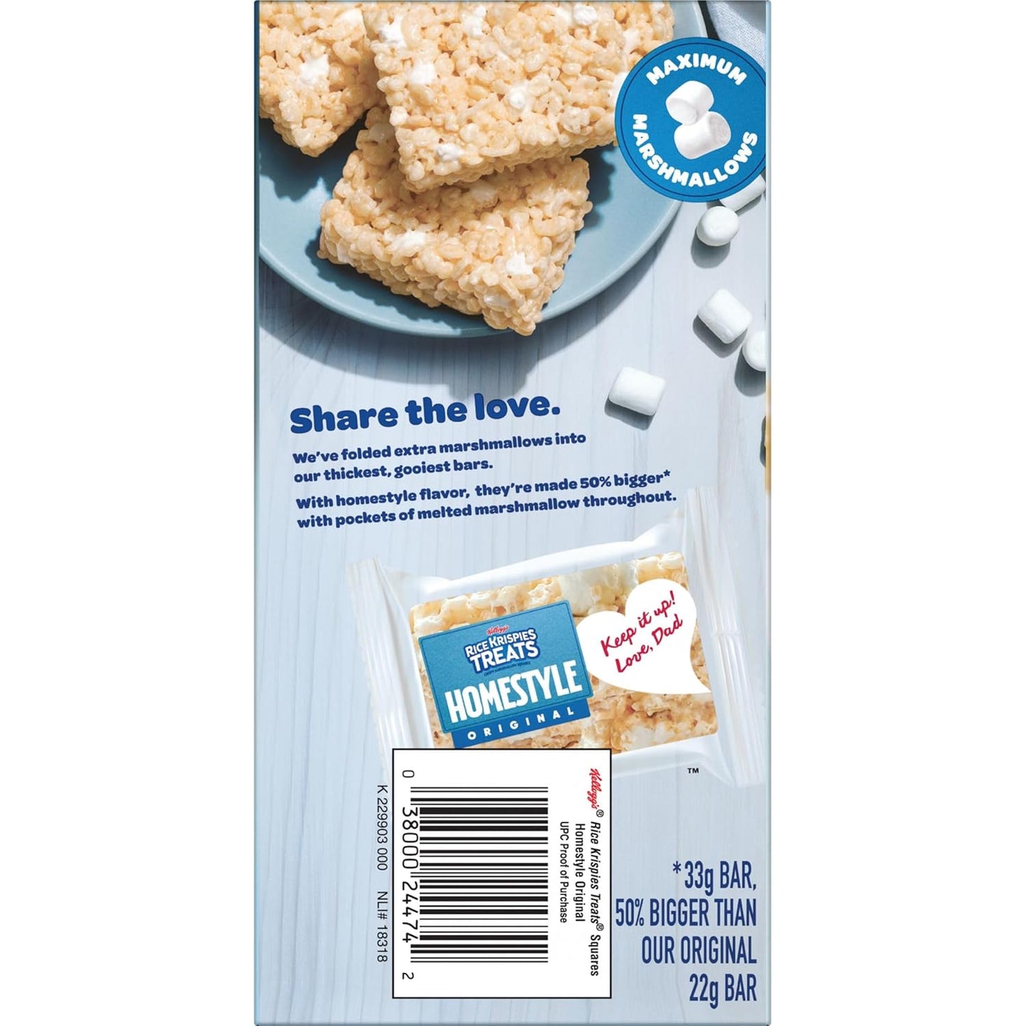 Rice Krispies Treats Homestyle Crispy Marshmallow Squares, Kids Snacks, Cereal Bars, Original, 6.98oz Box (6 Bars)