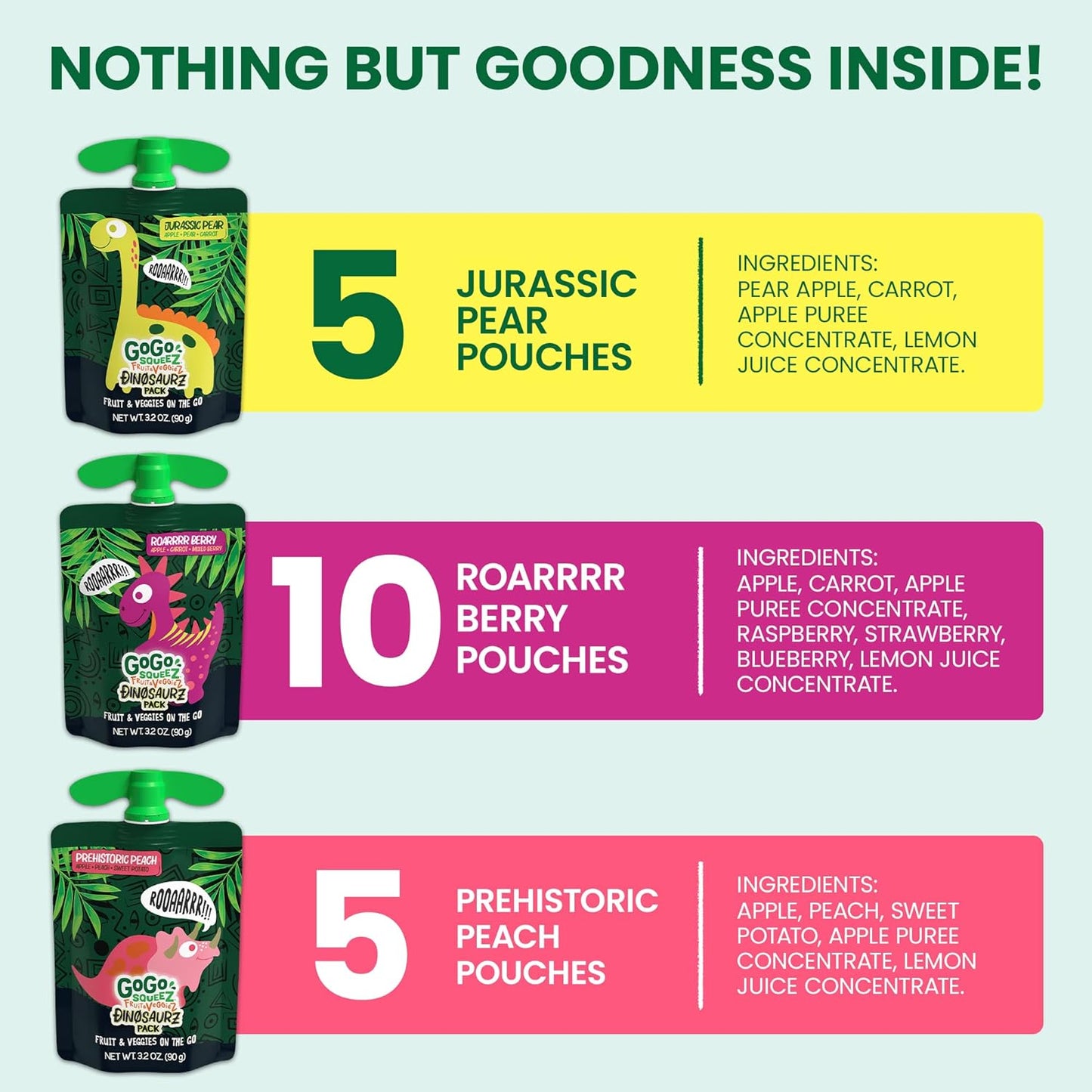 GoGo squeeZ Fruit & veggieZ Variety Pack, Jurassic Pear, Roarrrr Berry & Prehistoric Peach, 3.2 oz (Pack of 20), Unsweetened Snacks for Kids, No Gluten, Nut & Dairy, Recloseable Cap, BPA Free Pouches