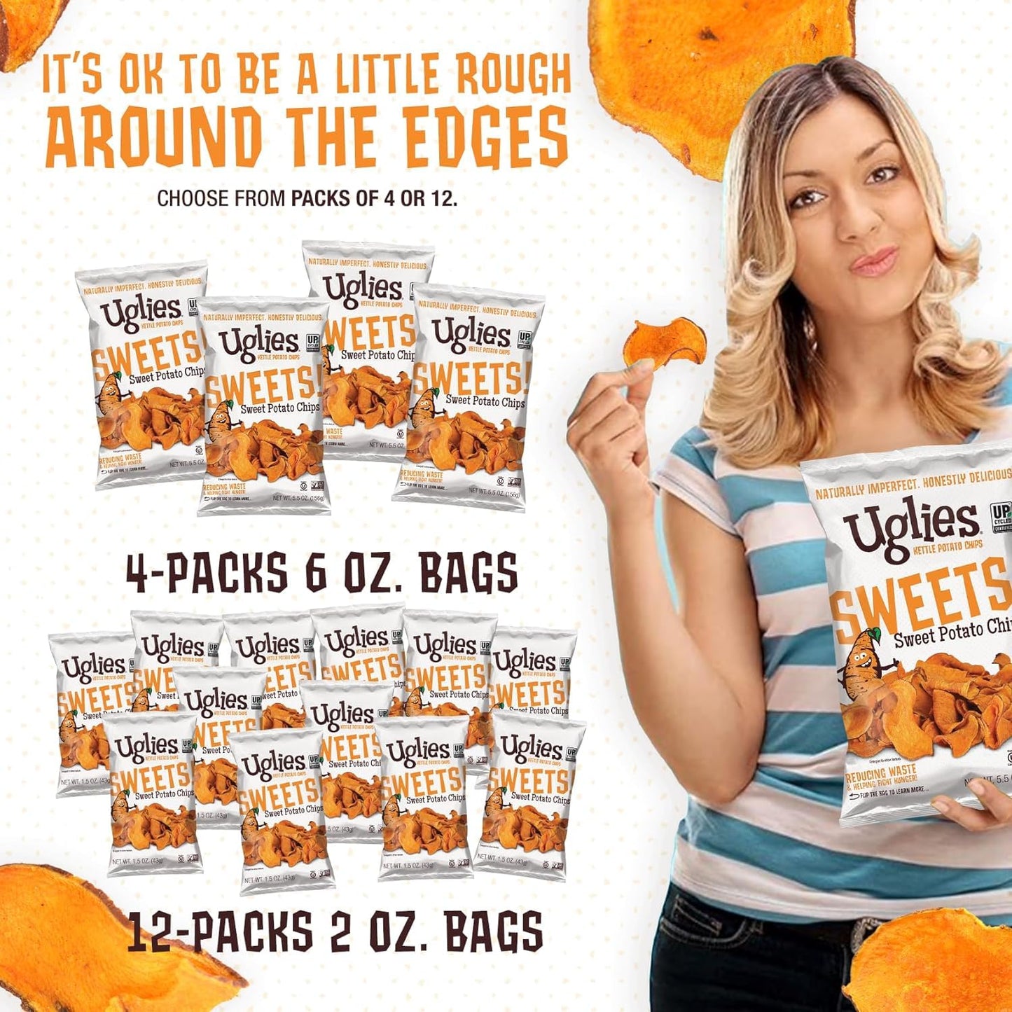 UGLIES Sweet Potato Kettle-Cooked Potato Chips, Gluten-Free Snacks, Kosher-Friendly Chips, Non-GMO Snacks for Kids or Office, Lunch Snacks, Sweet Potato Chips, 1.5 Oz. Bags, Pack of 24