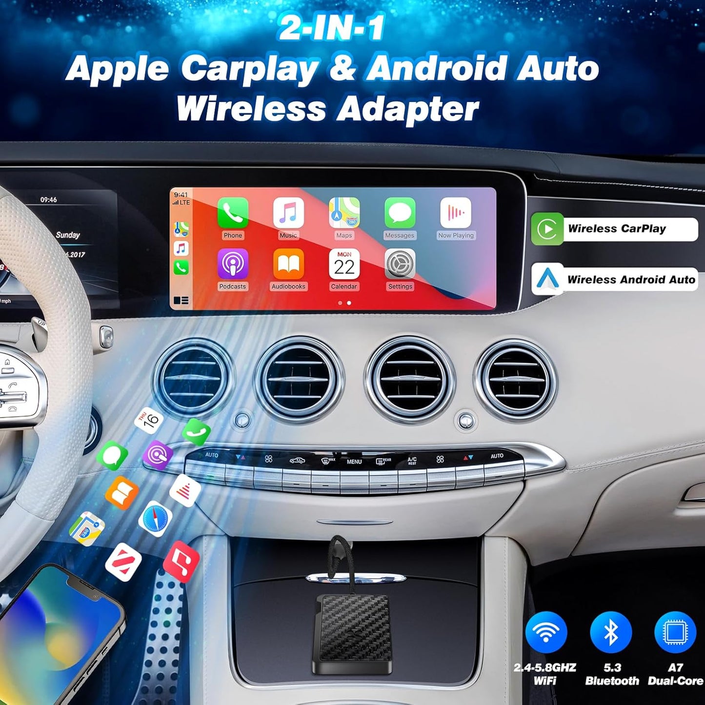 2-in-1 Wireless Carplay Adapter Android Auto Adapter, Convert Wired to Wireless Car Play Adapter Dongle, Plug & Play for Cars, Seamless Control Adapter for iOS 10+/ Android 11+