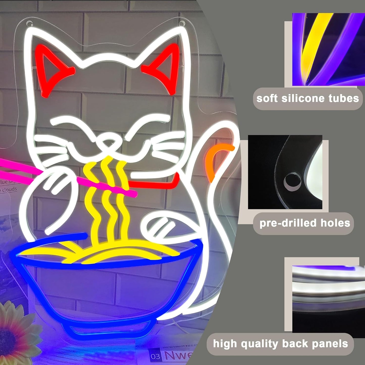 Fortune Cat Ramen Neon Sign, Dimmable Japanese Lucky Cat Noodle Ramen Led Neon Signs for Wall Decor Resturant Home Bar Kitchen Dinning Room Wall Art Decor Gifts(15.7 * 12.7in)