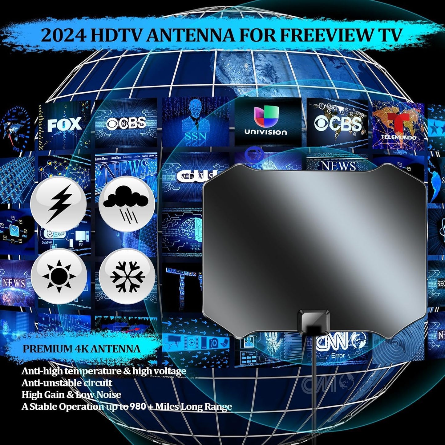 2024 TV Antenna for Smart TV Indoor, TV Antenna for Local Channels, 1000+ Miles Long Range TV Antenna Indoor 360°Reception, Support 8K 4K 1080p HDTV Antenna with 25ft Coaxial Cable
