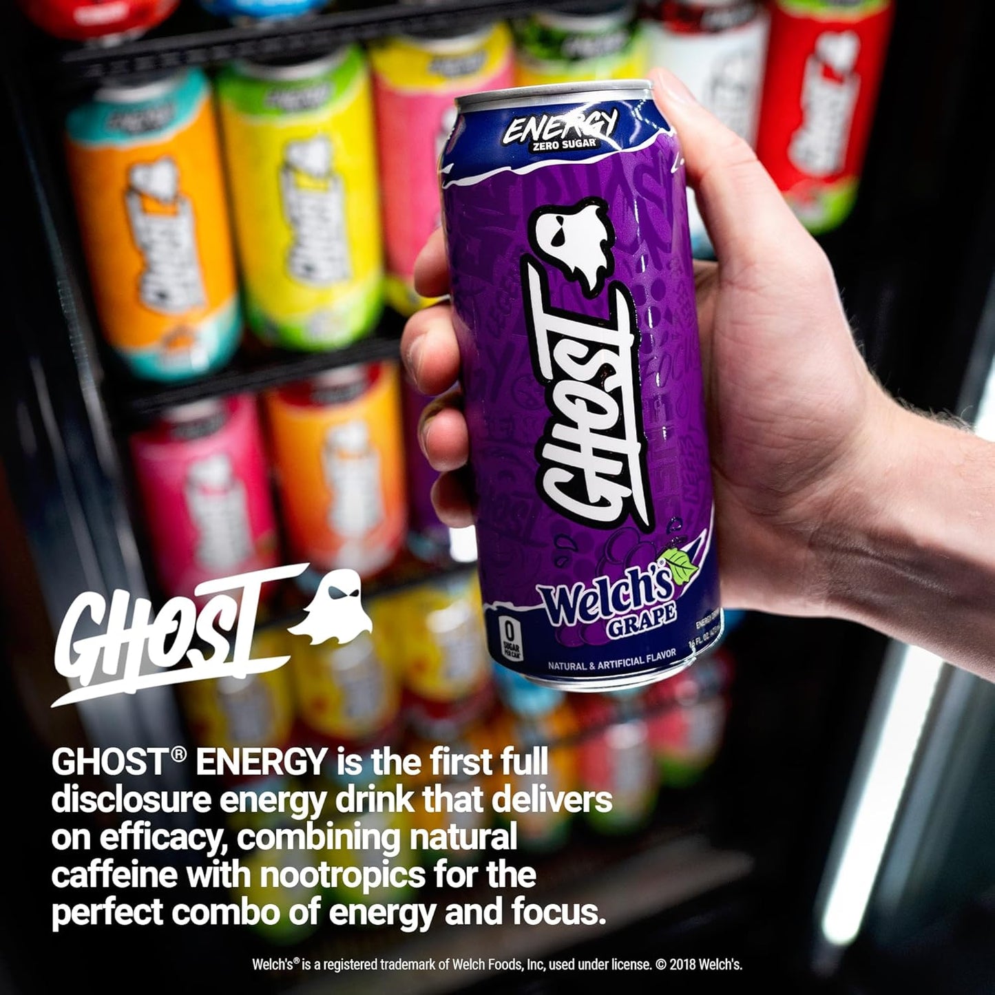 GHOST Energy Drink - 12-Pack, Welch's Grape, 16oz Cans - Energy & Focus & No Artificial Colors - 200mg of Natural Caffeine, L-Carnitine & Taurine - Gluten-Free & Vegan