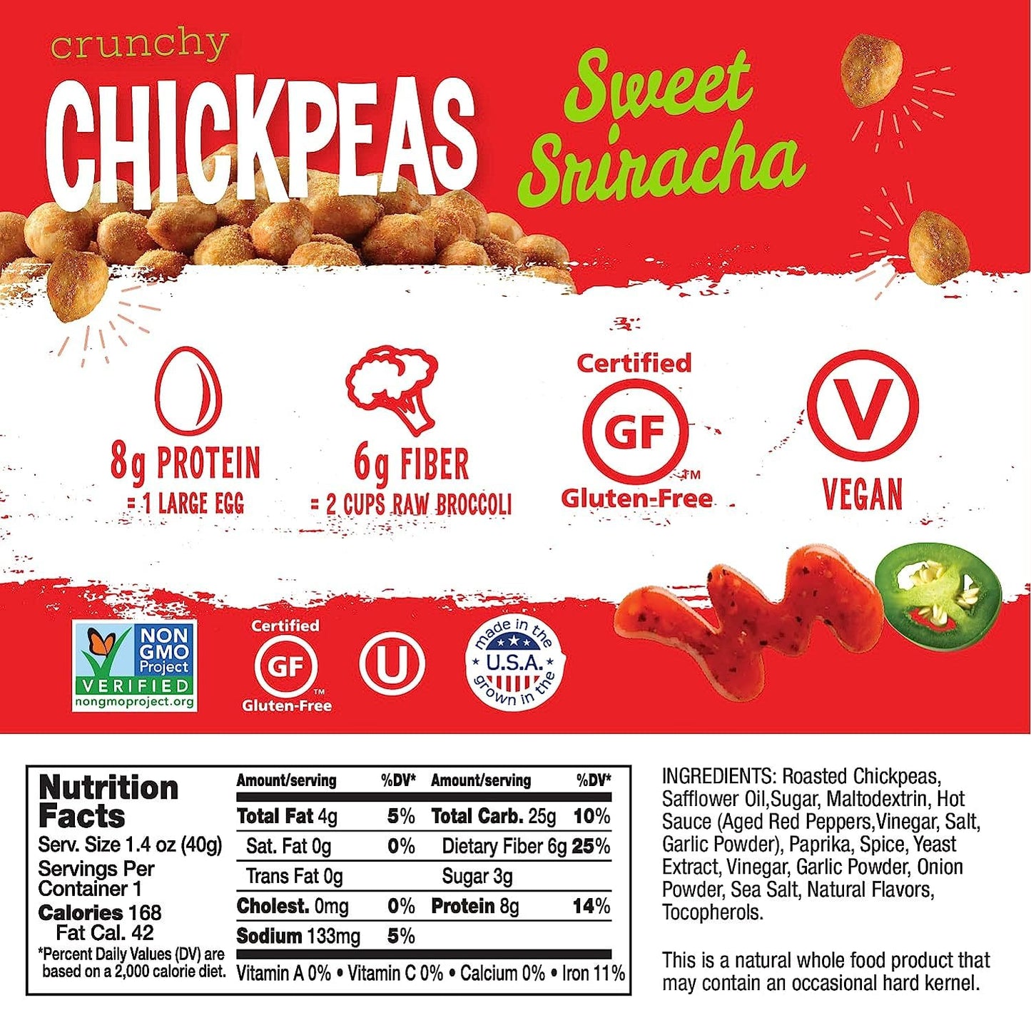 The Good Bean Crunchy Chickpeas - Sweet Sriracha - (10 Pack) 1.4 oz Packet - Roasted Chickpea Beans - Vegan Snack with Good Source of Plant Protein and Fiber