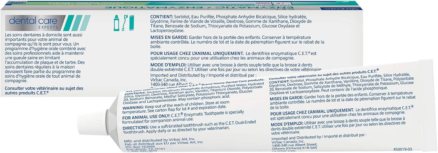 Virbac C.E.T. Enzymatic Toothpaste Eliminates Bad Breath by Removing Plaque and Tartar Buildup Best Pet Dental Care Toothpaste Vanilla Mint Flavor 2.5 Oz Tube