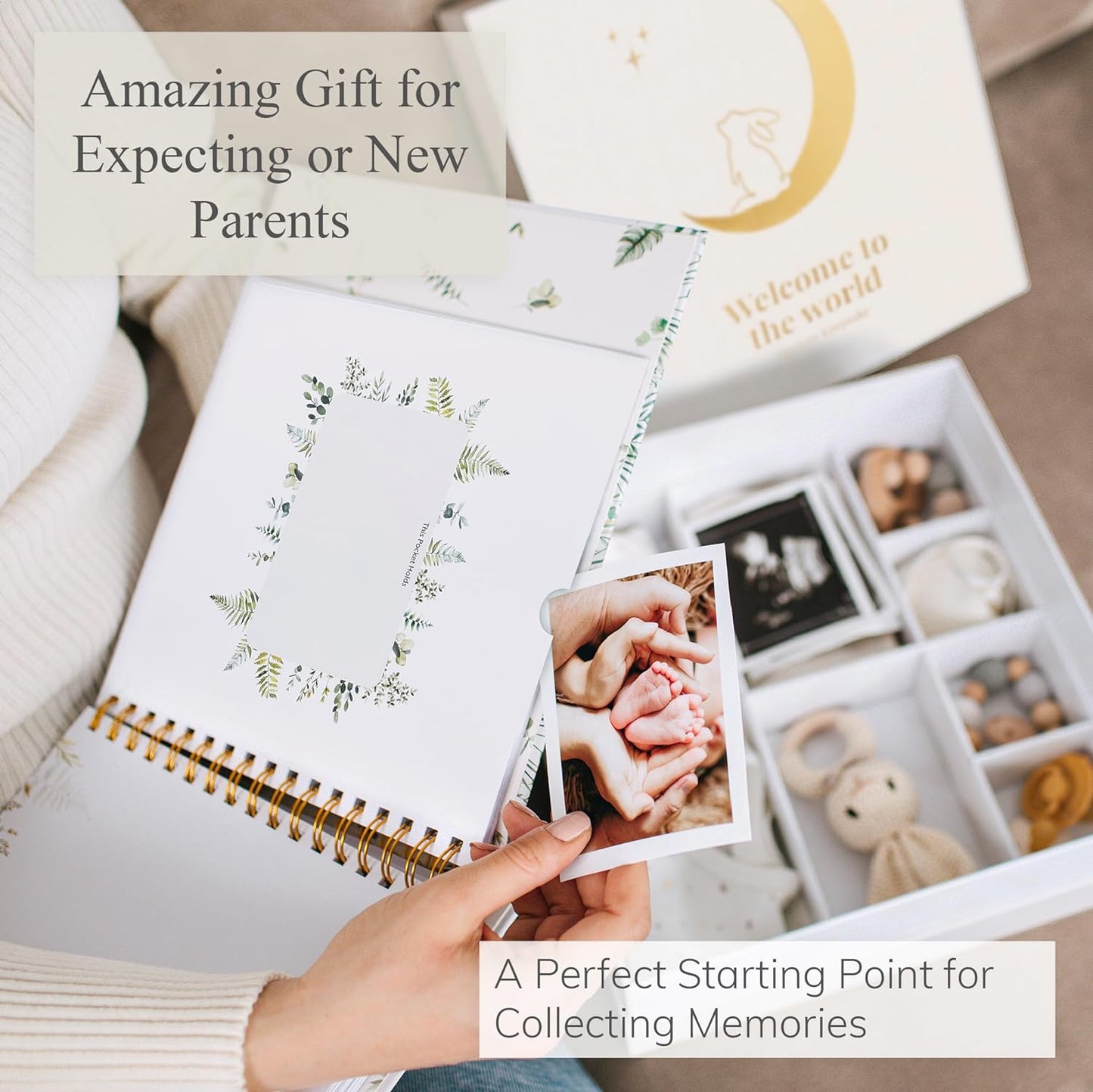 Baby Keepsake Box with Baby Memory Book - Baby Shower Gifts for Mom, Gender Reveal Gift Ideas - Cool Gifts for New Mom - Baby Journal Boy and Girl - Baby Books Keepsake First 5 Years, Scrapbook, Beige