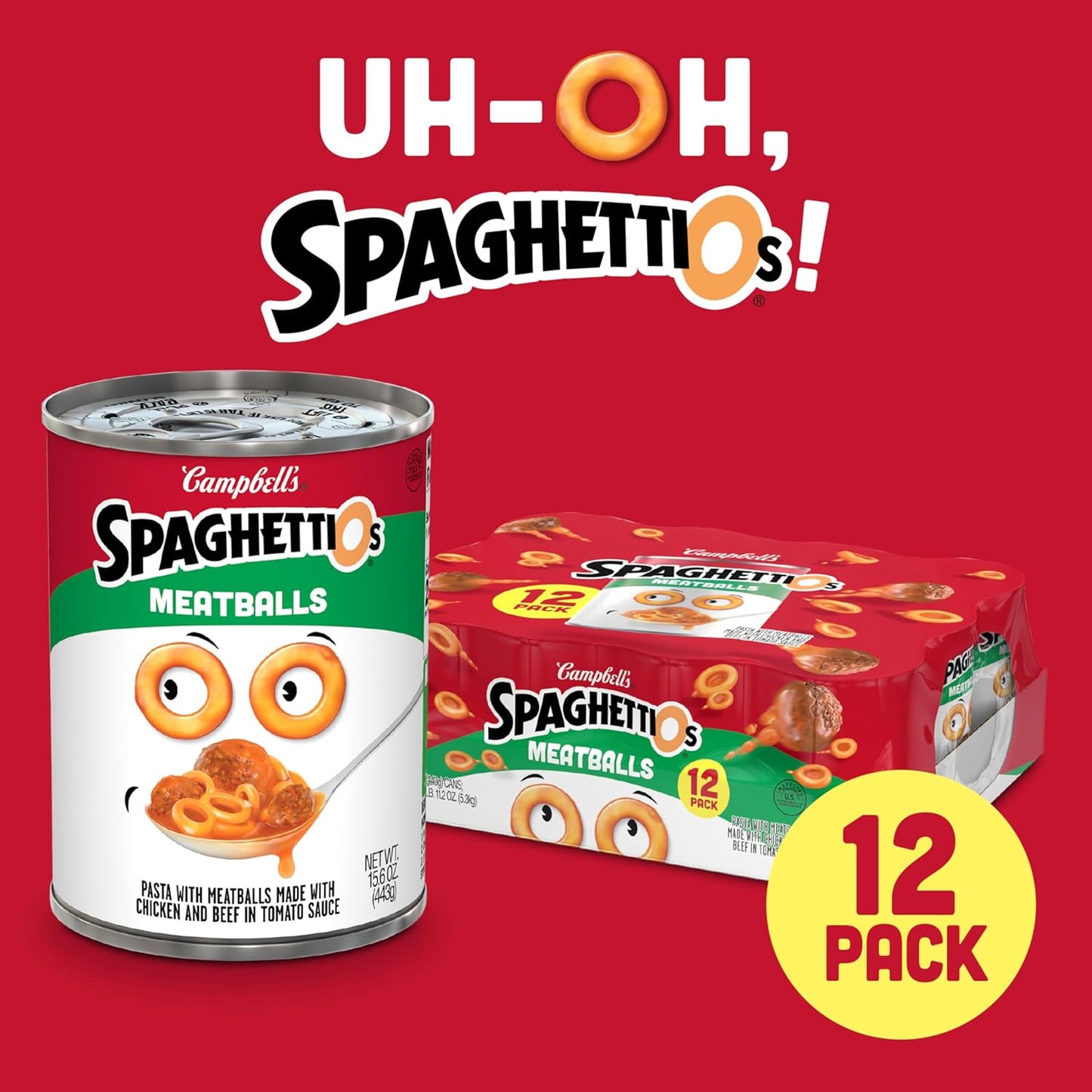 SpaghettiOs Canned Pasta with Meatballs, 15.6 oz Can (Pack of 12)
