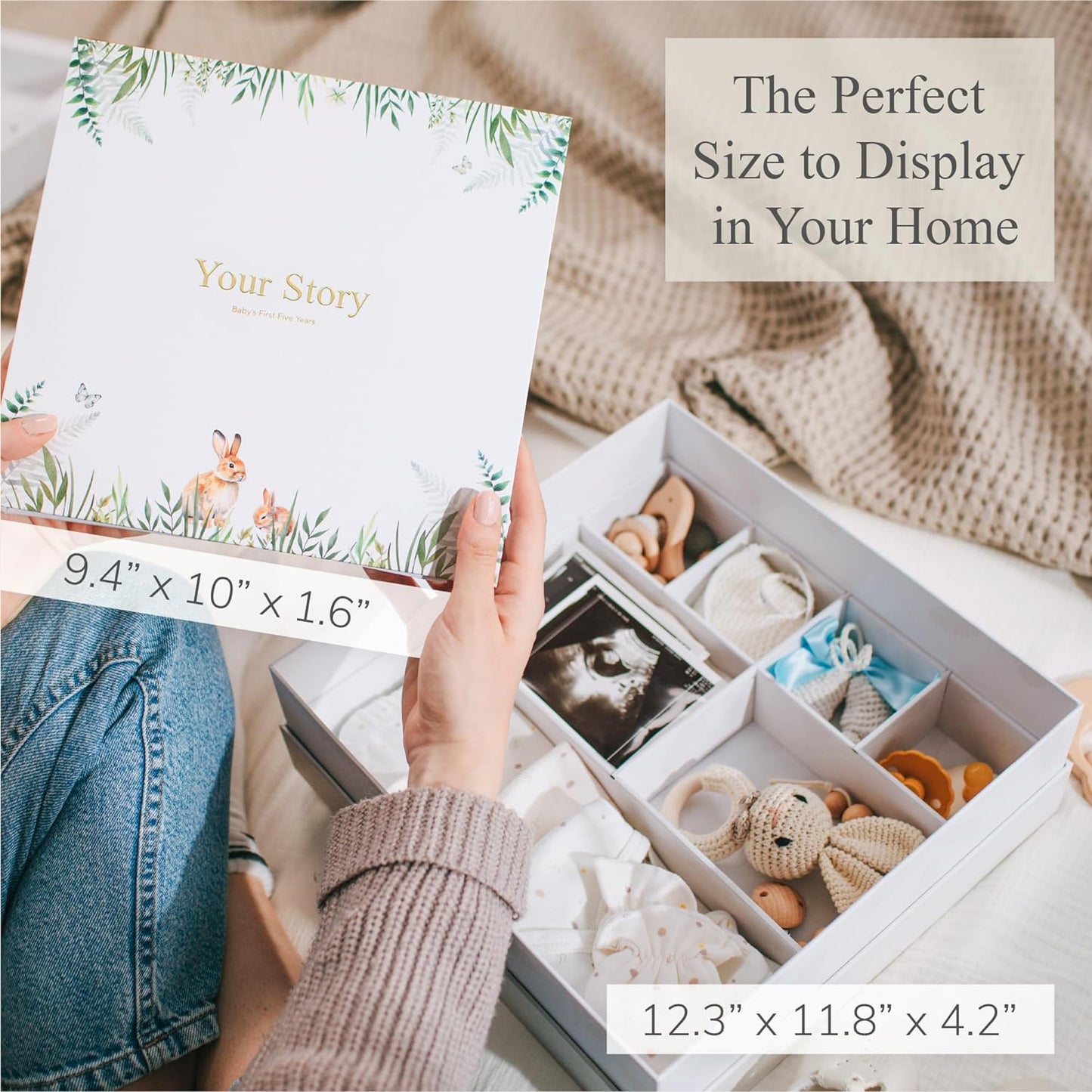 Baby Keepsake Box with Baby Memory Book - Baby Shower Gifts for Mom, Gender Reveal Gift Ideas - Cool Gifts for New Mom - Baby Journal Boy and Girl - Baby Books Keepsake First 5 Years, Scrapbook, Beige