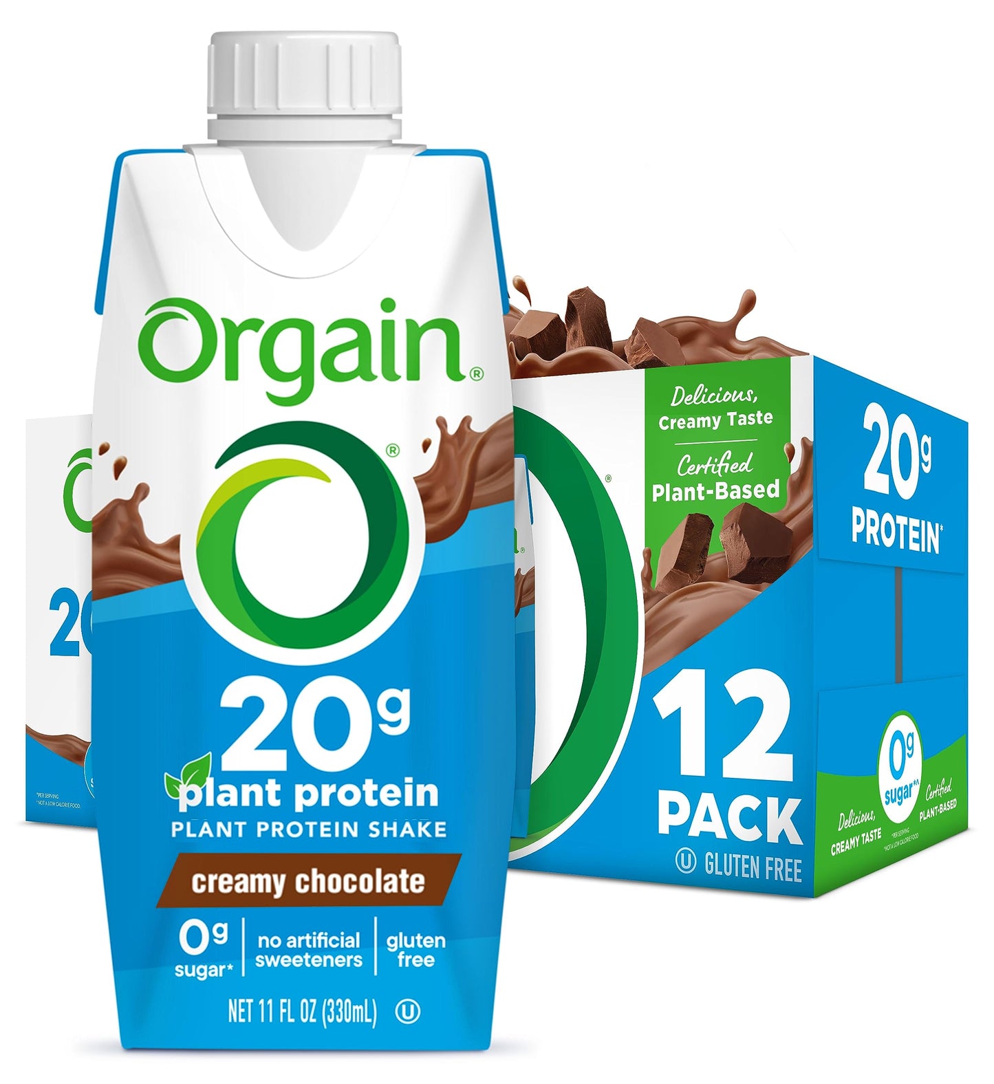 Orgain Organic Vegan Protein Shake, Creamy Chocolate - 20g Plant Based Protein, Ready to Drink, Fruits & Vegetables, Gluten Free, Kosher, No Soy or Dairy Ingredients, 11 Fl Oz (Pack of 12)